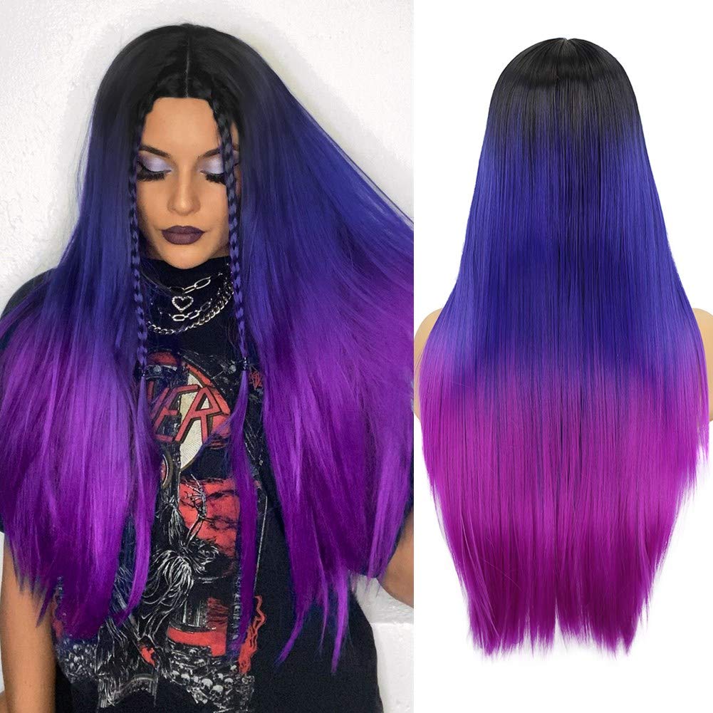 WIGER Long Straight Ombre Wigs Rainbow Mermaid Purple Wigs for Women Black To Blue To Hot Pink No Lace Three-Tone Colored Cospla