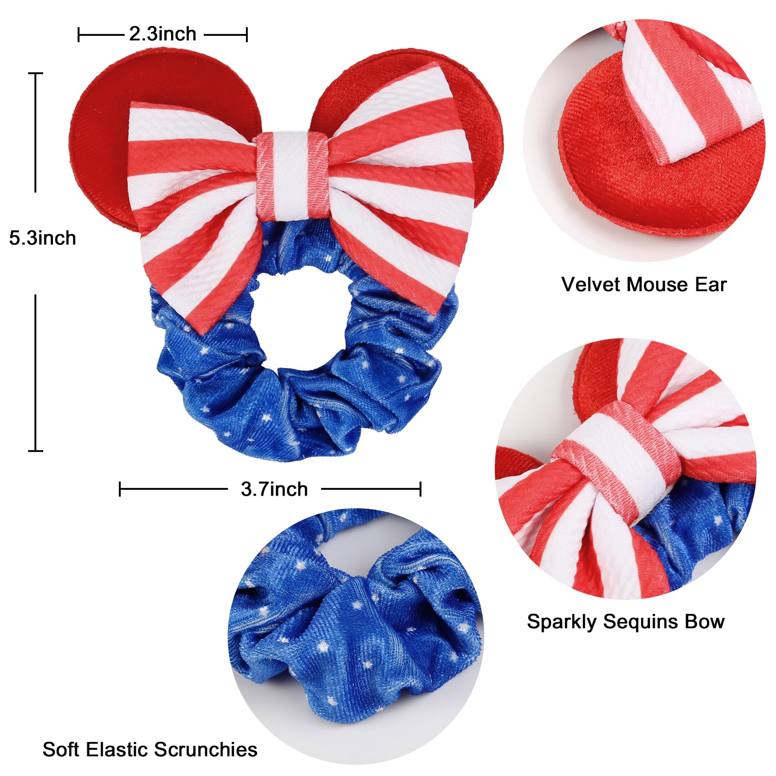 4Th Of July Hair Scrunchies Mouse Ear Accessories For Women Girls Independency Day Mice Ears Hair Ties Sequins Hair Bow Scrunchi
