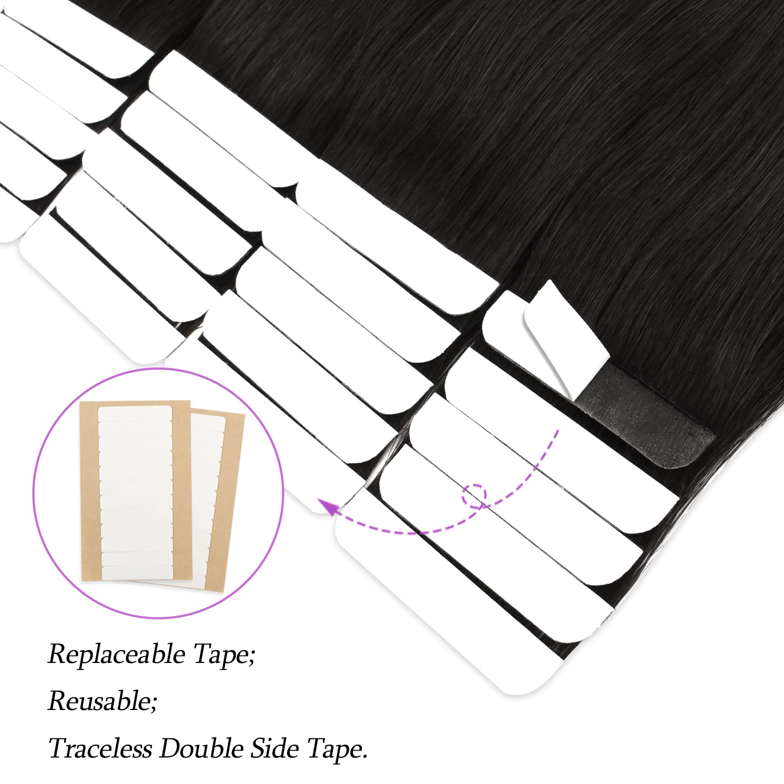 Abh Amazingbeauty Tape In Hair Extensions Semi-Permanent Pre-Taped Black Tape Extensions Real Remy Human Skin Weft, Invisible, S