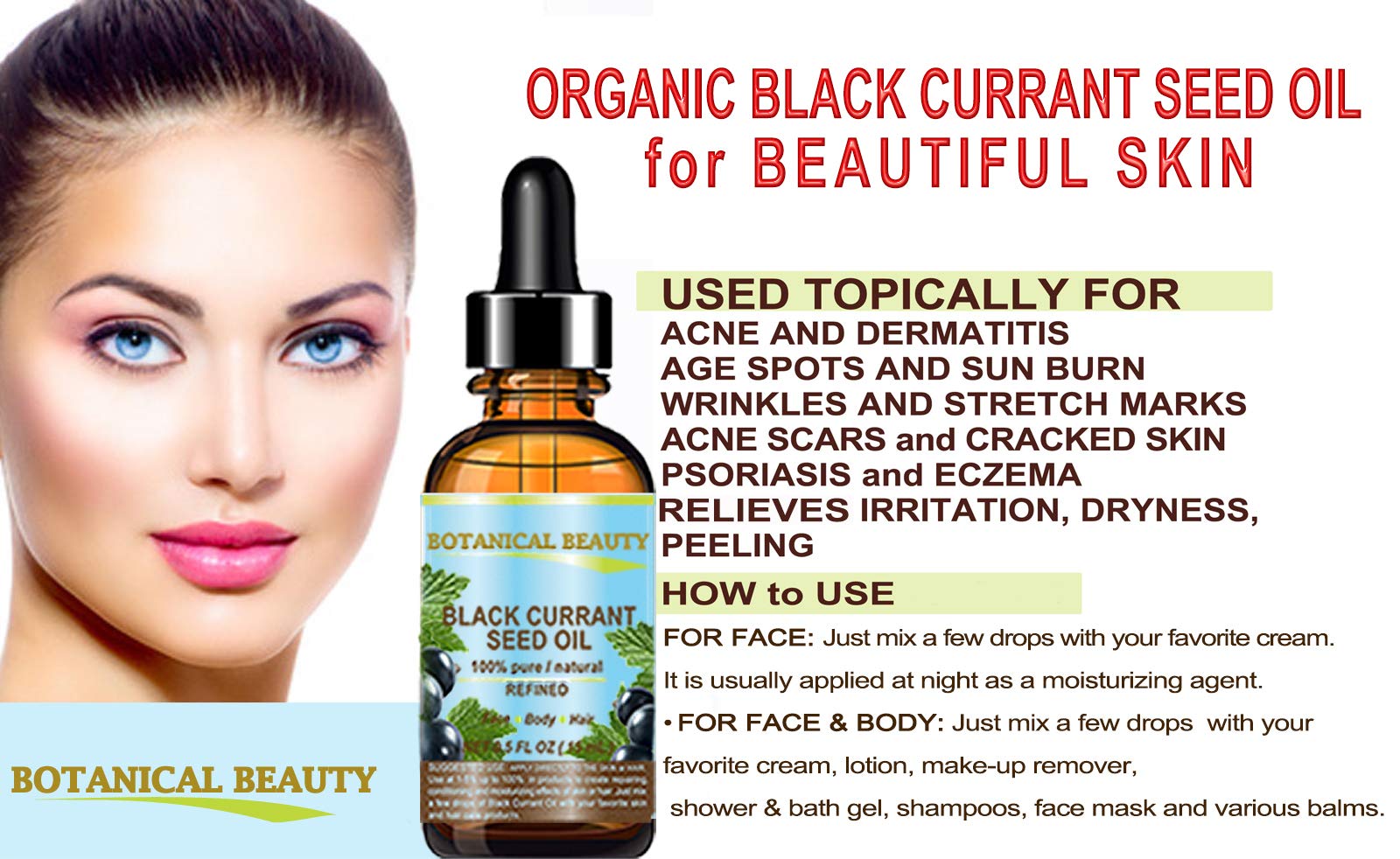 Botanical Beauty Black Currant Seed Oil 100% Pure Natural Undiluted Refined Cold Pressed Carrier Oil. 0.5 Fl.Oz. - 15Ml. For Ski