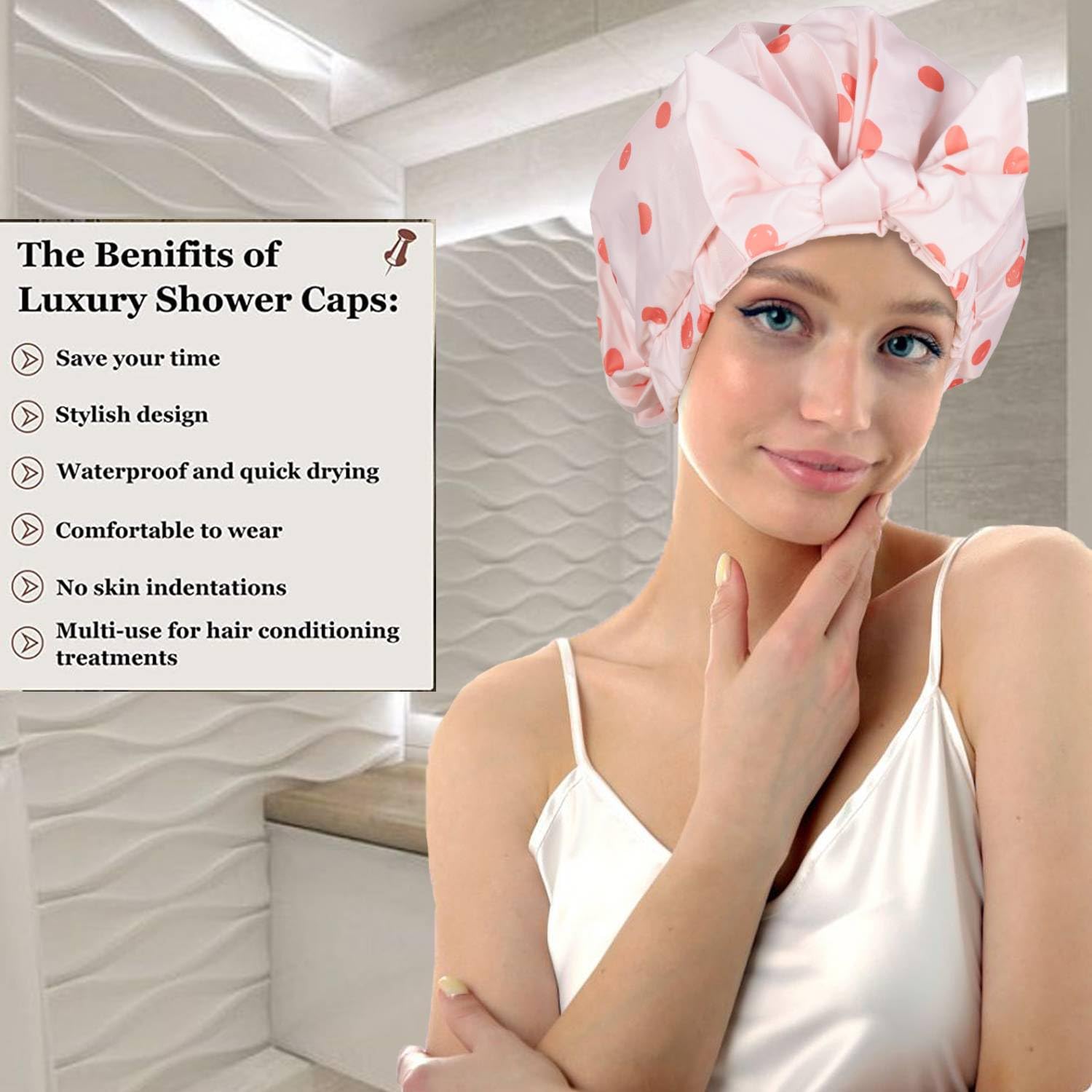 Luvruitaky Shower Cap Luxury Shower Caps For Women Reusable Waterproof Hair Cap For Shower With Adjustable Bowknot Hair Bath Cap