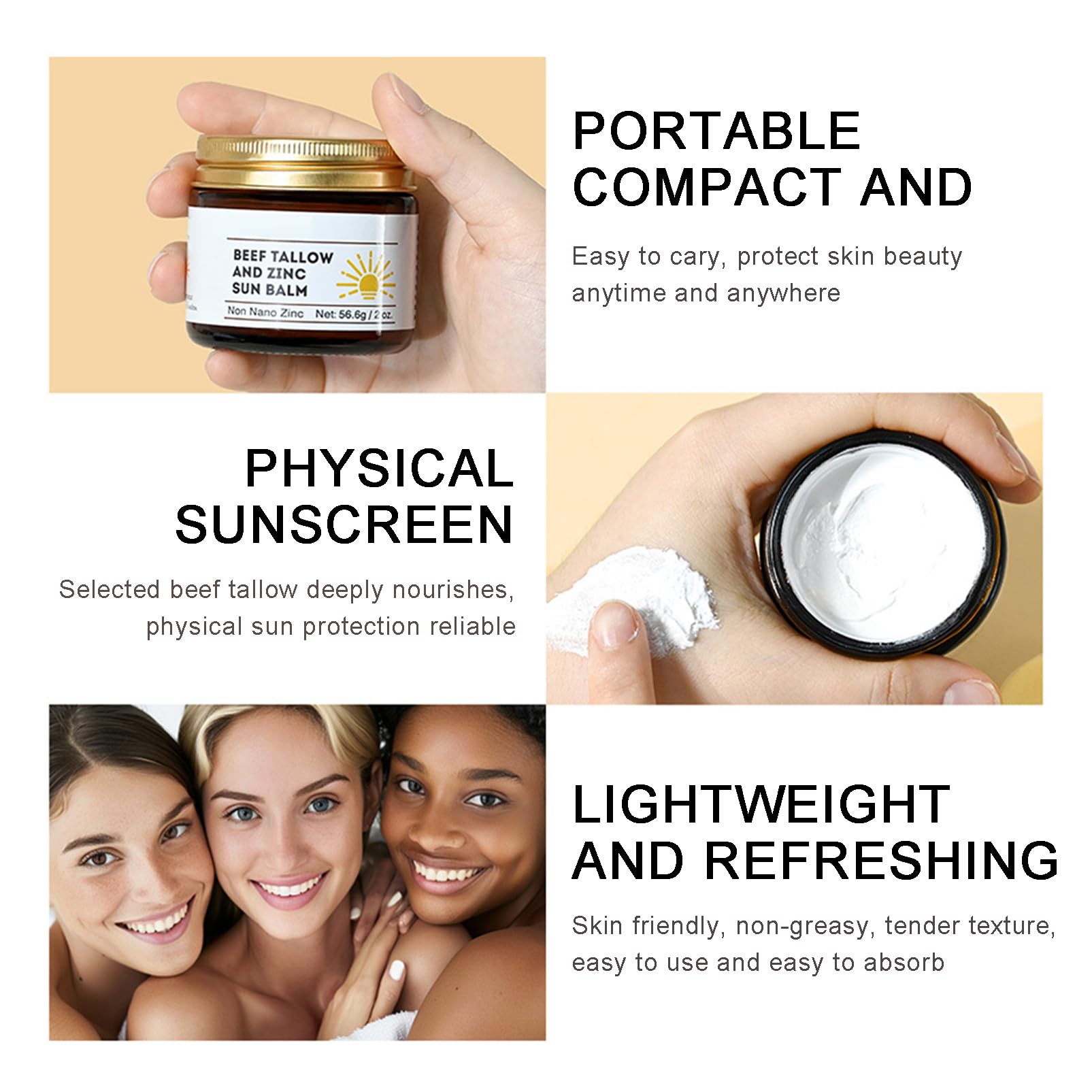 Beef Tallow and Zinc Sun Balm - Beef Tallow for Skin Instant Sun Protection, Beef Tallow Sunscreen for Face and Body Non Greasy