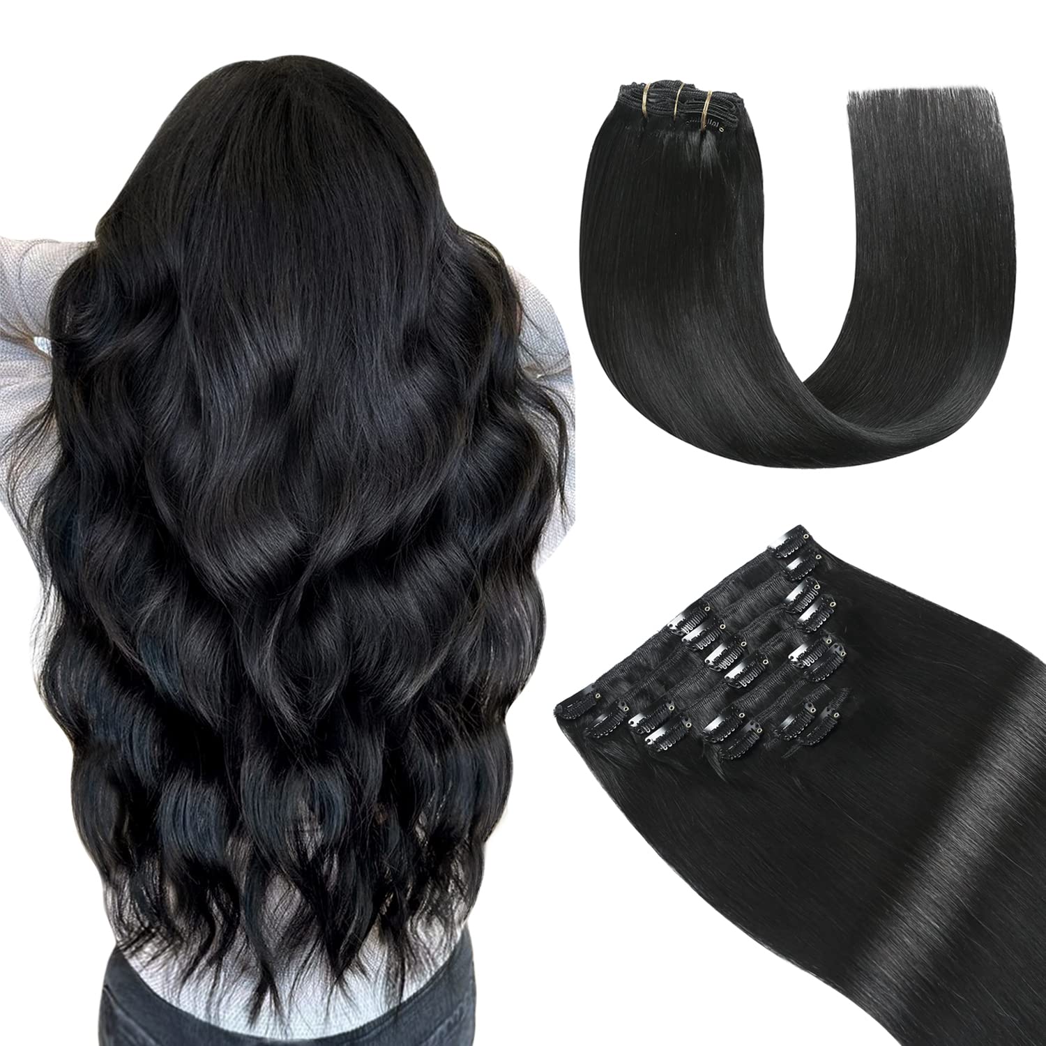YILITE Jet Black Clip in Hair Extensions Real Human Hair 8Pcs 120Gram/Pack Silky Double Weft Straight Human Hair Extensios Clip 