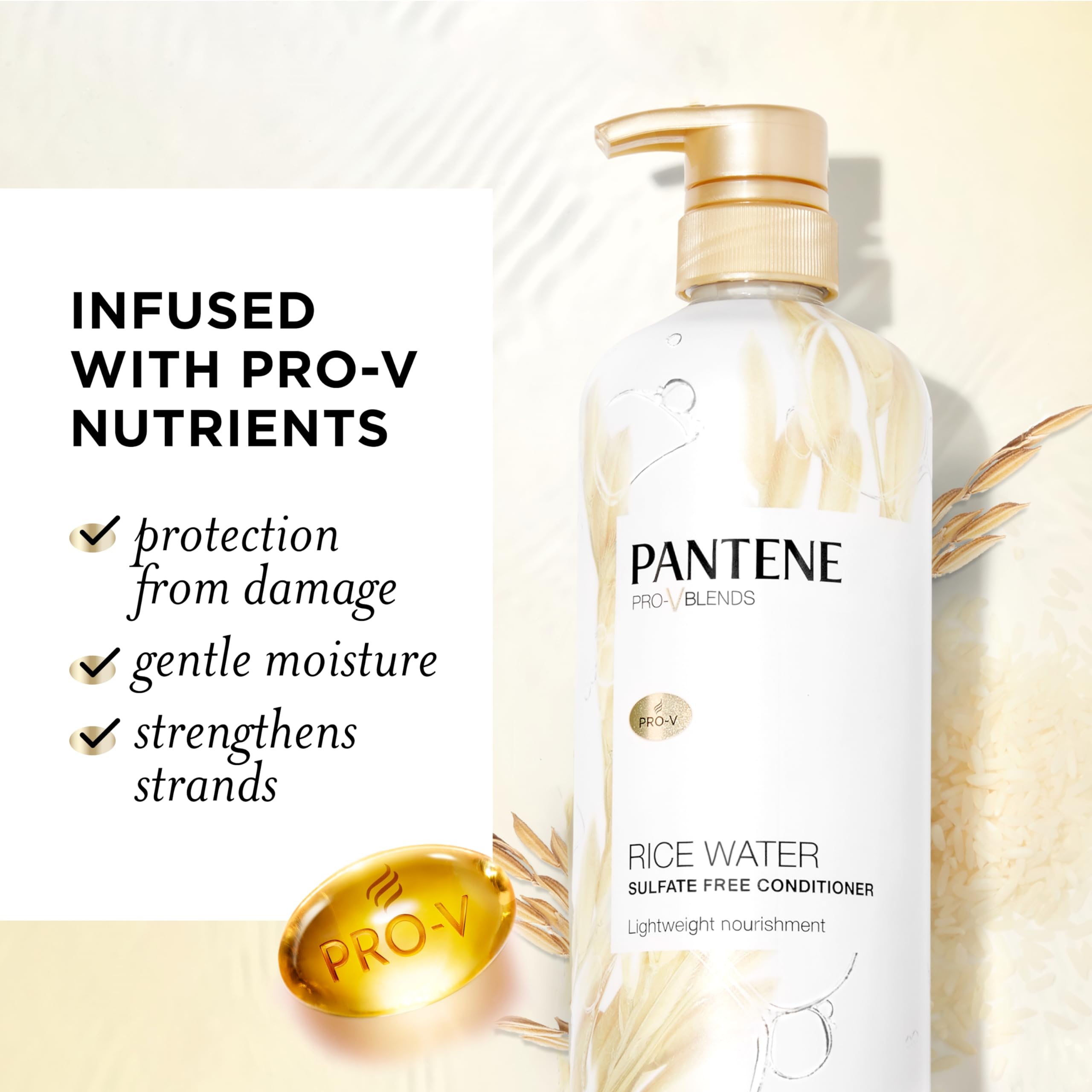Pantene Conditioner, With Rice Water, Protects Natural Hair Growth, Volumizing, For Women, Nutrient Infused With Vitamin B5, Pro