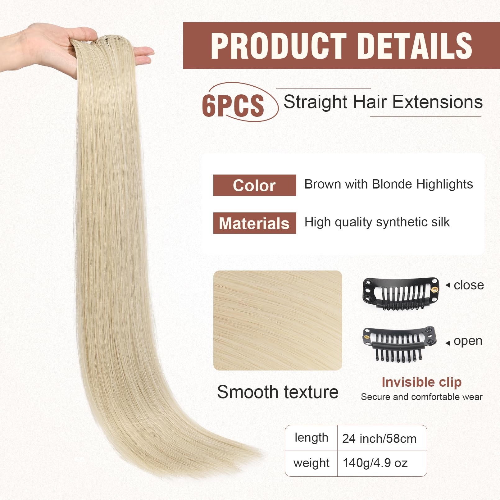 Flufymooz 6Pc Clip In Hair Extensions 24'' Straight Long Extensions For Women Synthetic Hairpiece (Platinum Blonde)