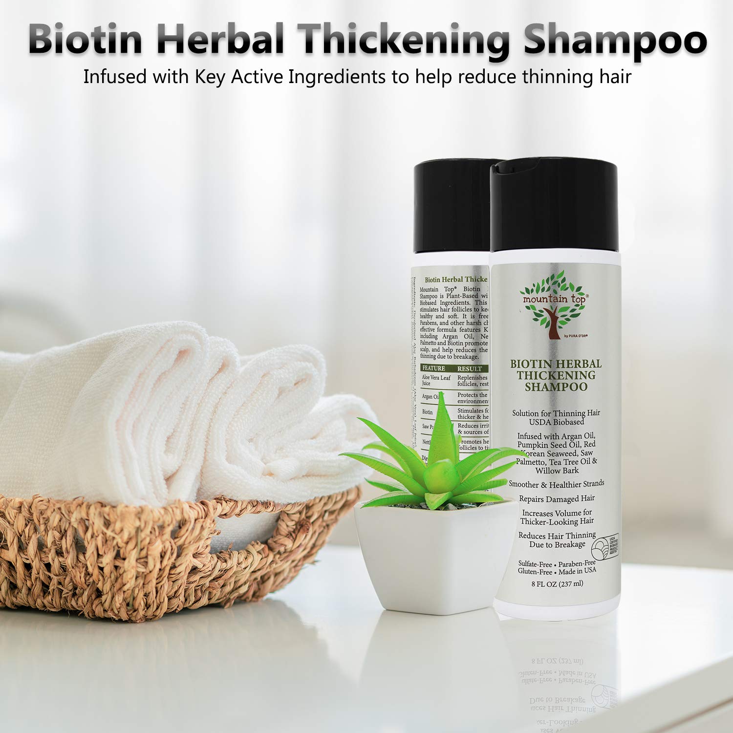 Mountain Top Biotin Herbal Thickening Shampoo (8Oz 273Ml) With Argan Oil, Pumpkin Seed Oil, Red Korean Seaweed, Saw Palmetto, Te