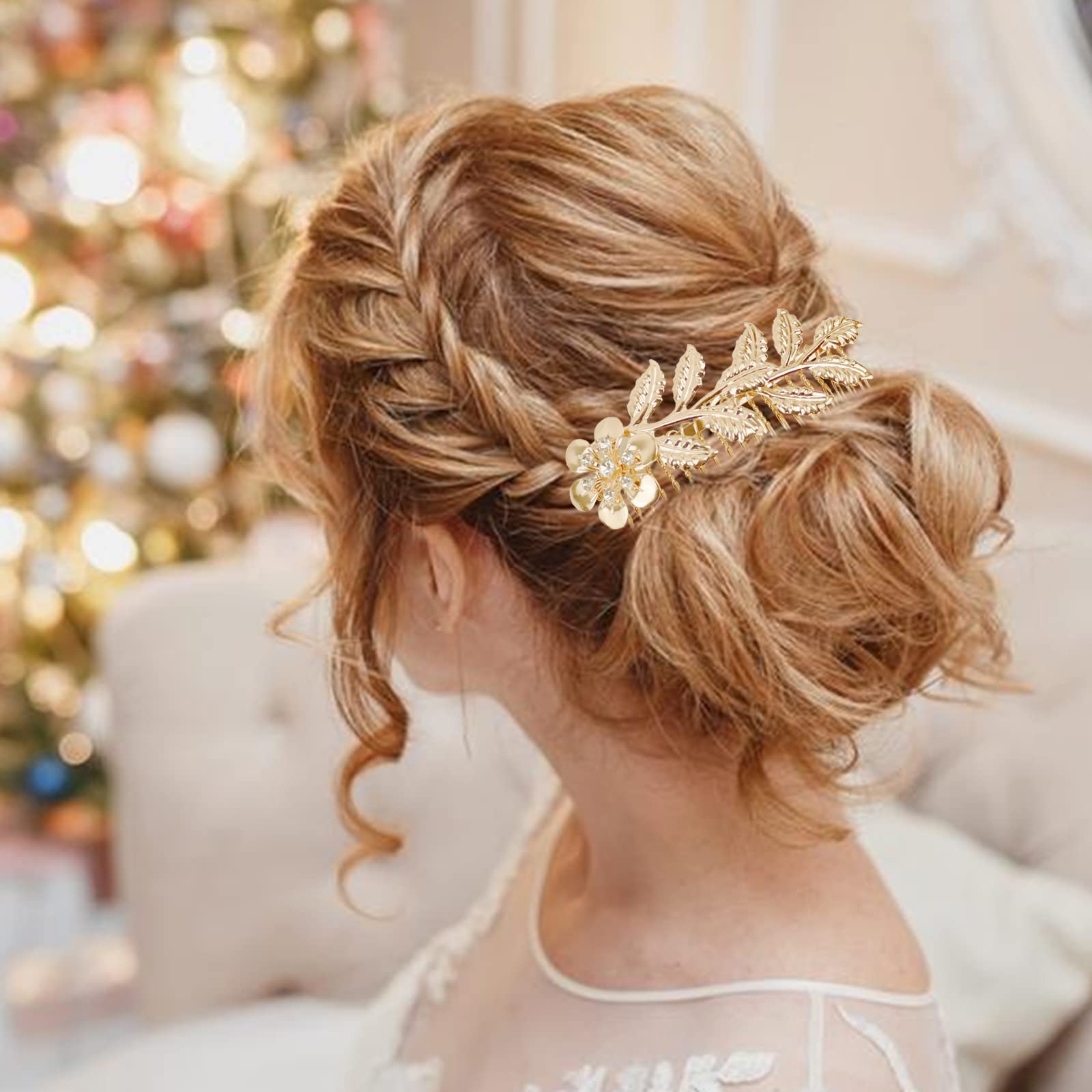 4 PCS Leaf Hair Side Combs Gold Rhinestone Hair Comb Clips with Teeth Vintage Wedding Headpiece Decorative Hair Accessories for