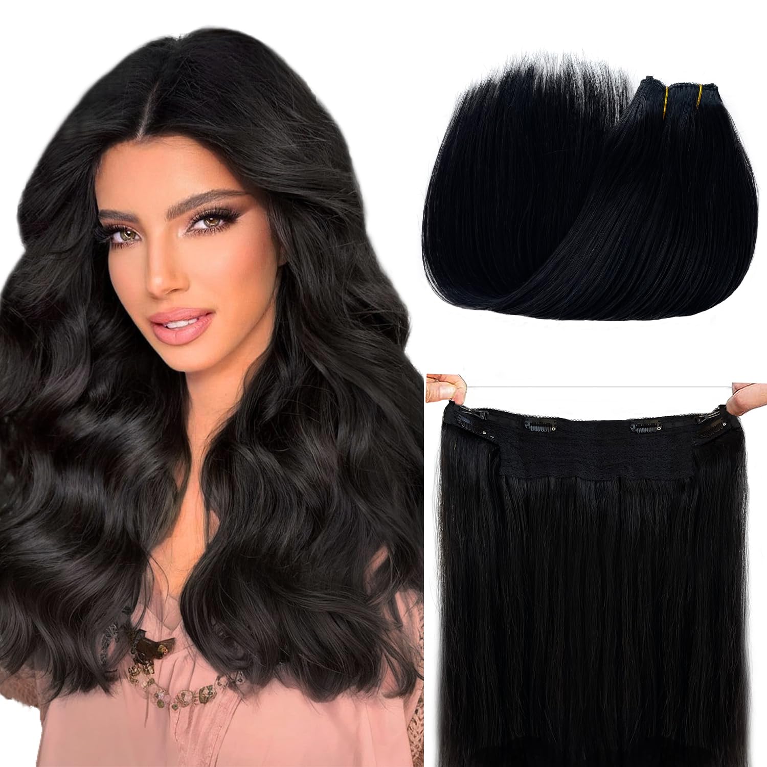 Halos Hair Extensions Real Human Hair Wire Hair Extensions Real Human Hair with Transparent Headband Adjustable Size 4 Secure Cl