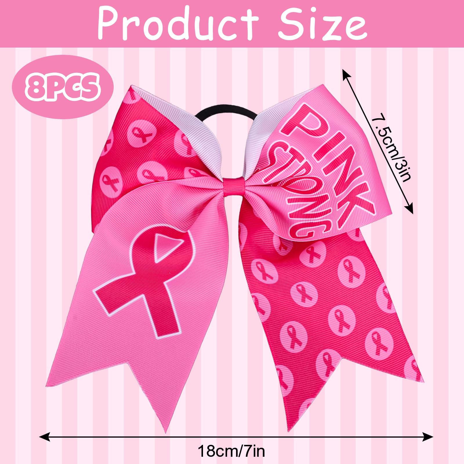 Whaline 8Pcs Large Cheerleading Hair Accessories with Pink Ribbon, Elastic Ponytail Holders - Breast Cancer Awareness Costume De
