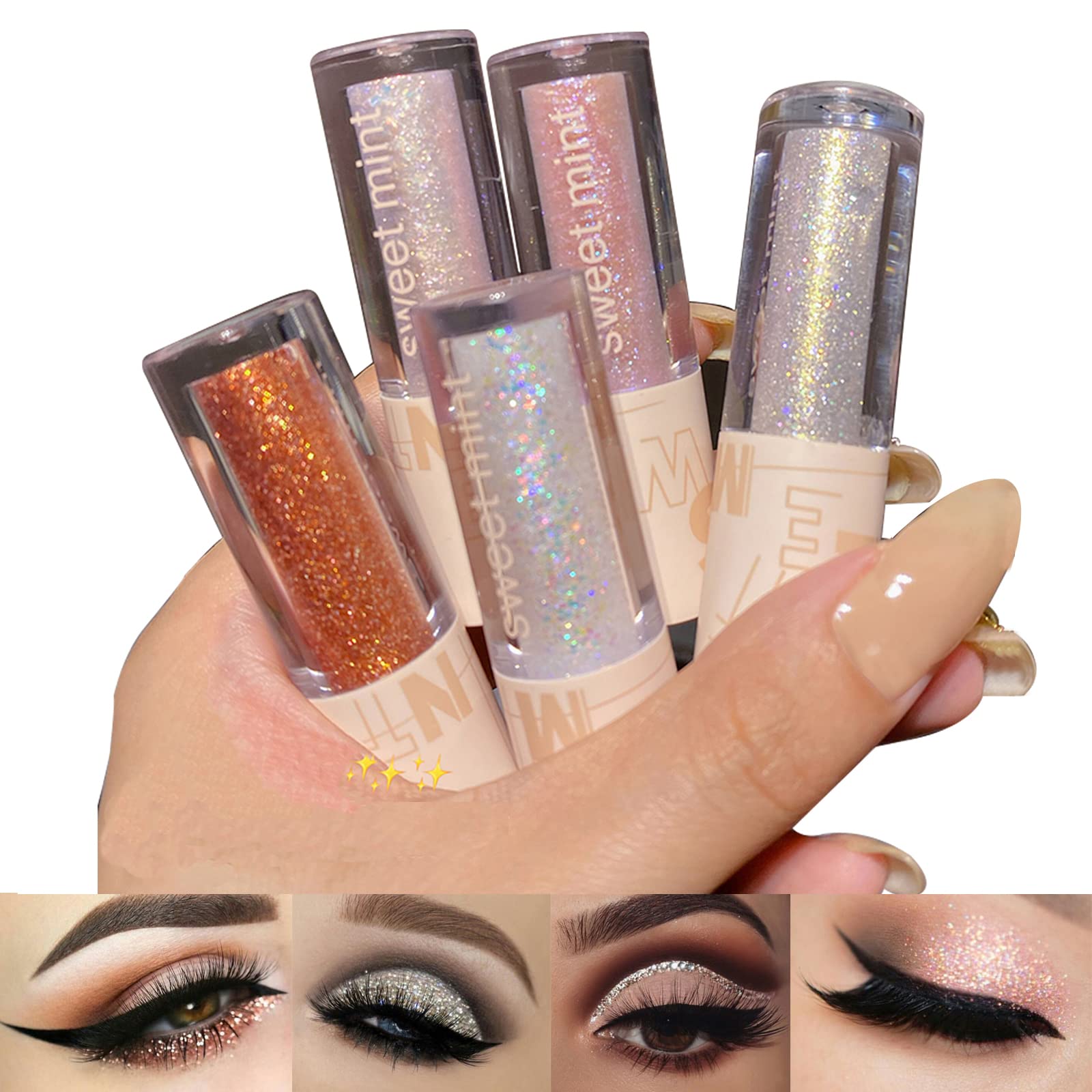 Aolailiya 5Pcs Liquid Glitter Eyeshadow Set- Sparkling Metallic High Pigmented Glitter Eye Shadow Korean Crystals Makeup, Quick