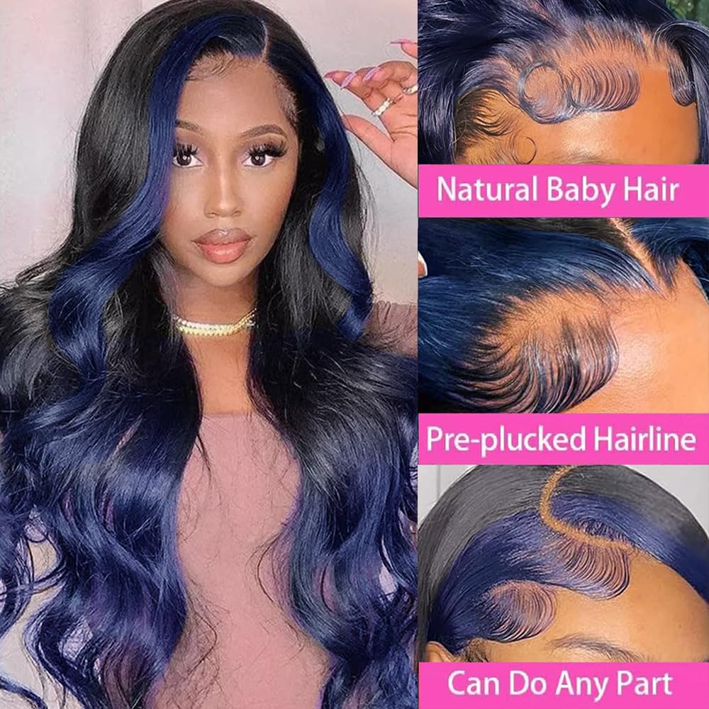 Yms Ombre Blue 13X4 Hd Lace Front Wigs Human Hair 180% Density Dark Blue Human Hair Wigs For Women Blue Skunk Stripe Glueless Wi