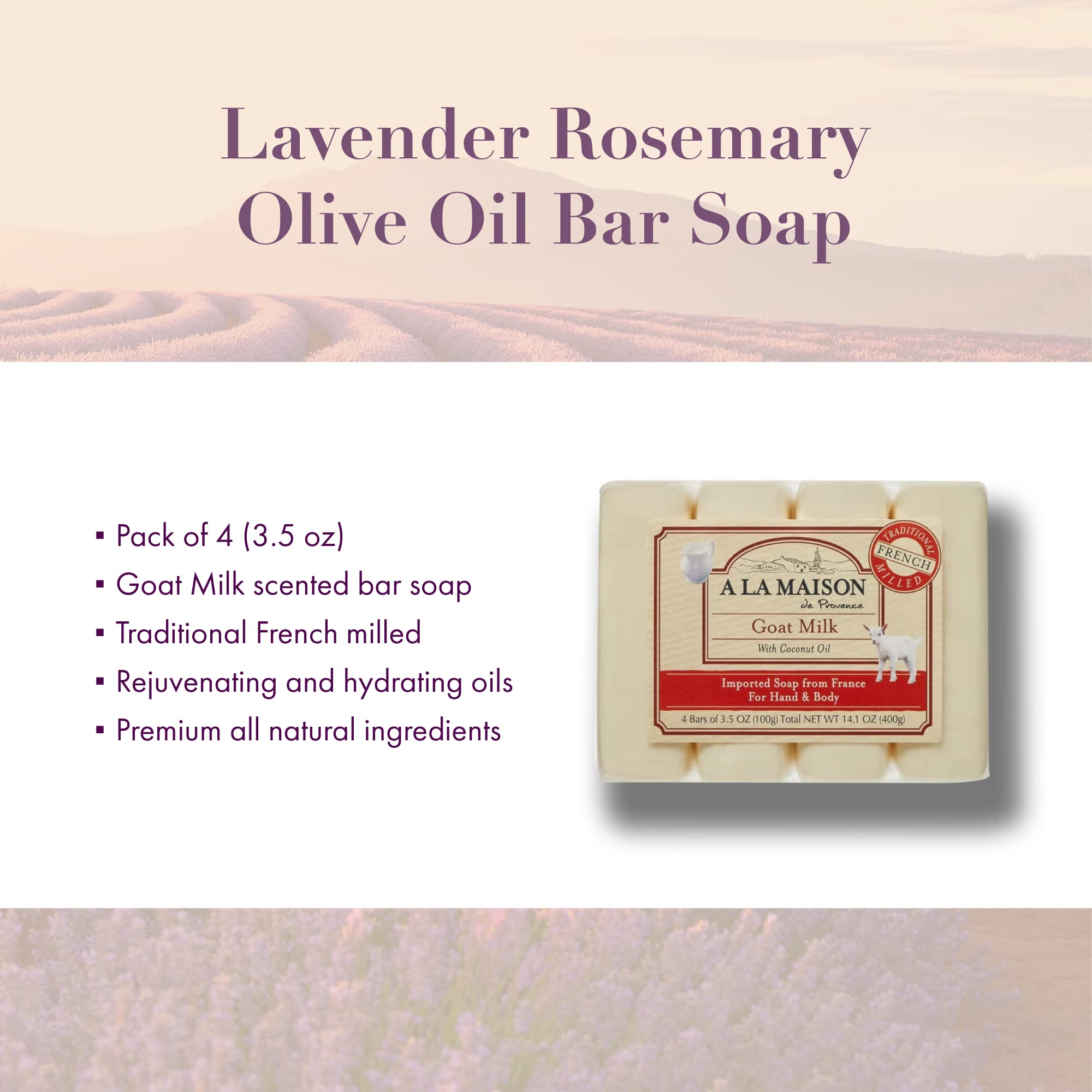 A La Maison Goat Milk Bar Soap - Triple French Milled Natural Moisturizing Hand Soap Bar (4 Bars Of Soap, 3.5 Oz)