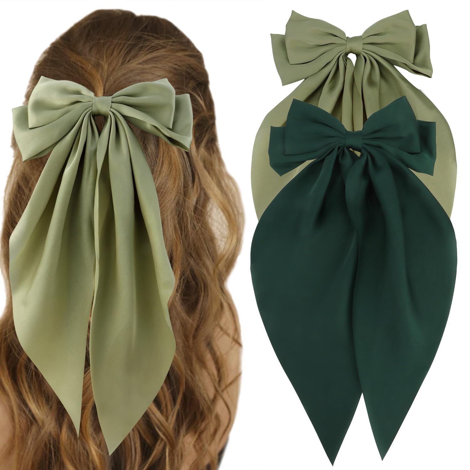 ATODEN Silky Satin Green Oversized Bowknot Bow Hair Accessories: 2 Pcs Large Hair Barrettes With Long Tails, Metal Clips for Aes