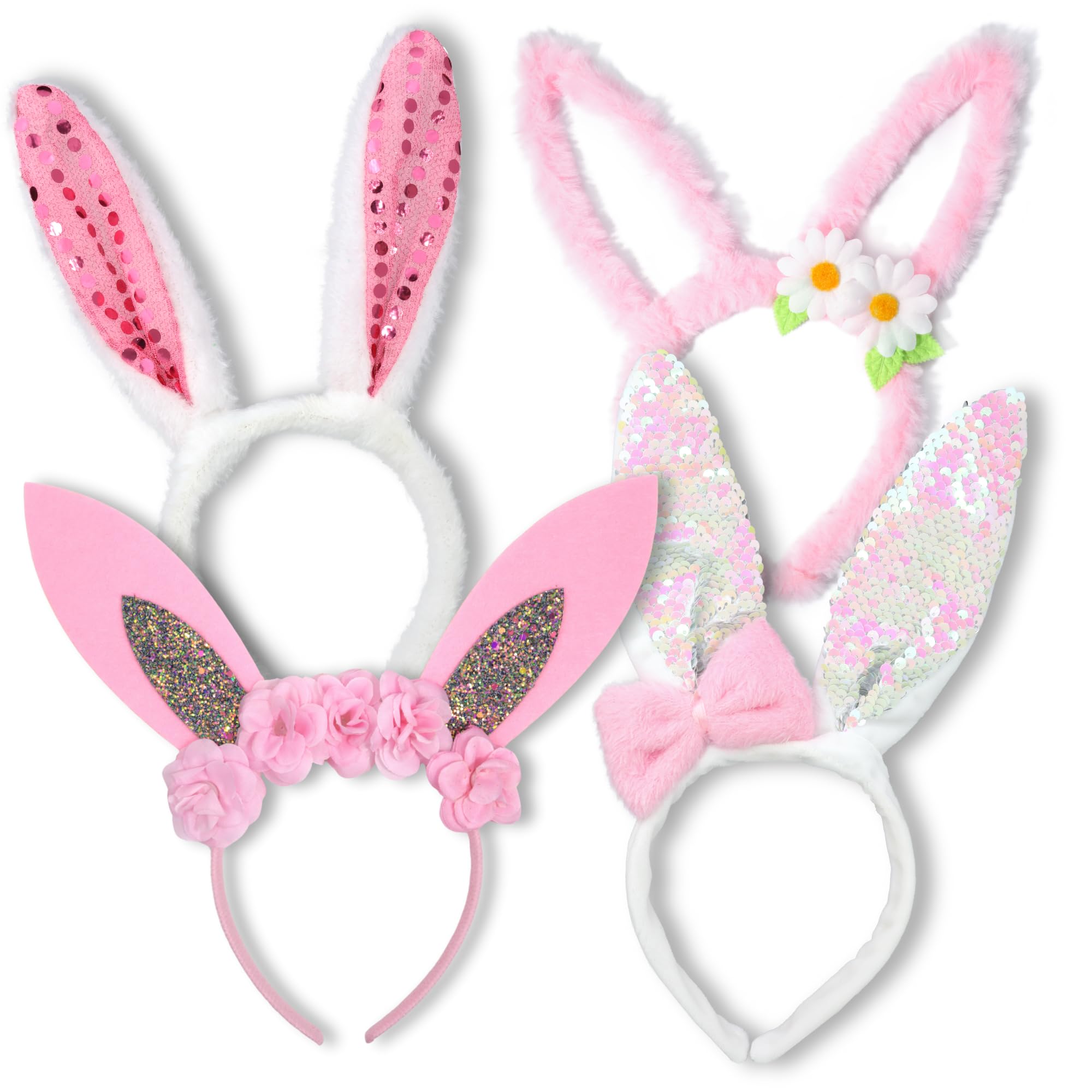Needzo Easter Bunny Ear Headbands, Cute and Fuzzy Pink Ears with Flowers, Sequins, and Bows - Spring Dress-Up Accessories, Party