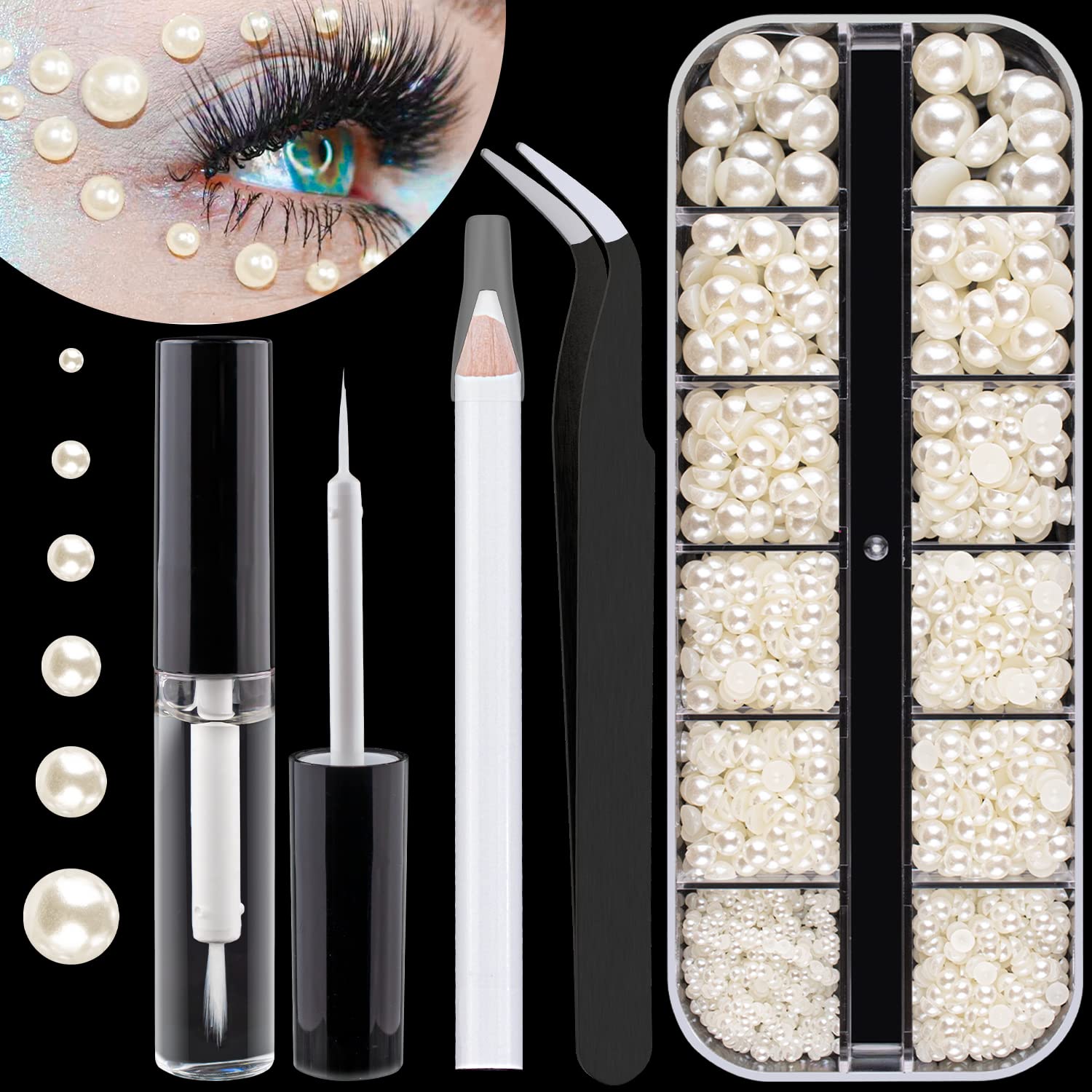 1 Box of Flat Back Pearls Kits Half Round Beige Pearls with Quick Dry Makeup Glue+Picker Pencil+Tweezer for Nail Art and Face Ey