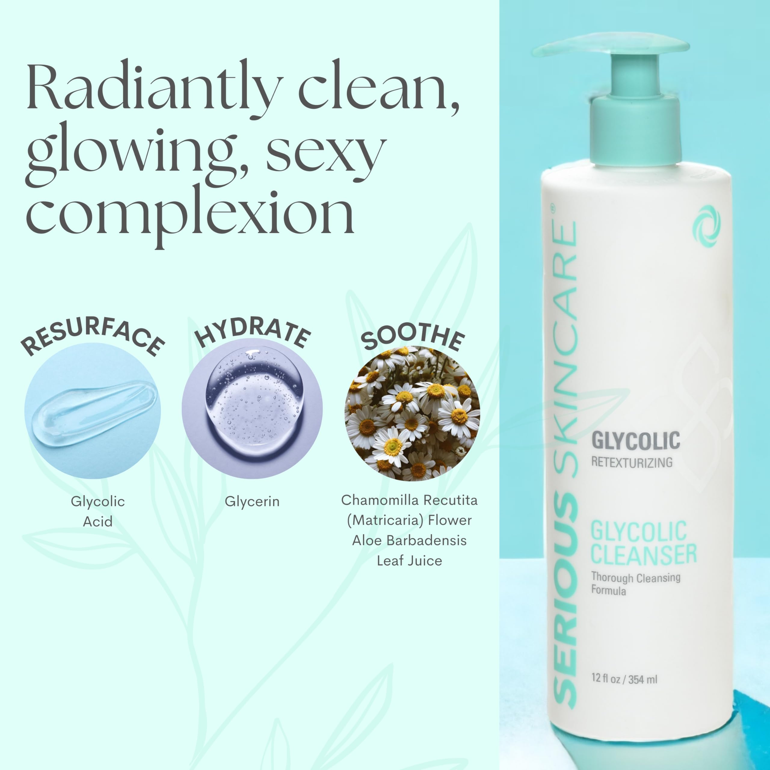 Serious Skincare Glycolic Cleanser 12 oz. - Glycolic Acid Skin Retexturizing Facial Wash - Aloe Leaf Juice - Normal, Oily, Combi