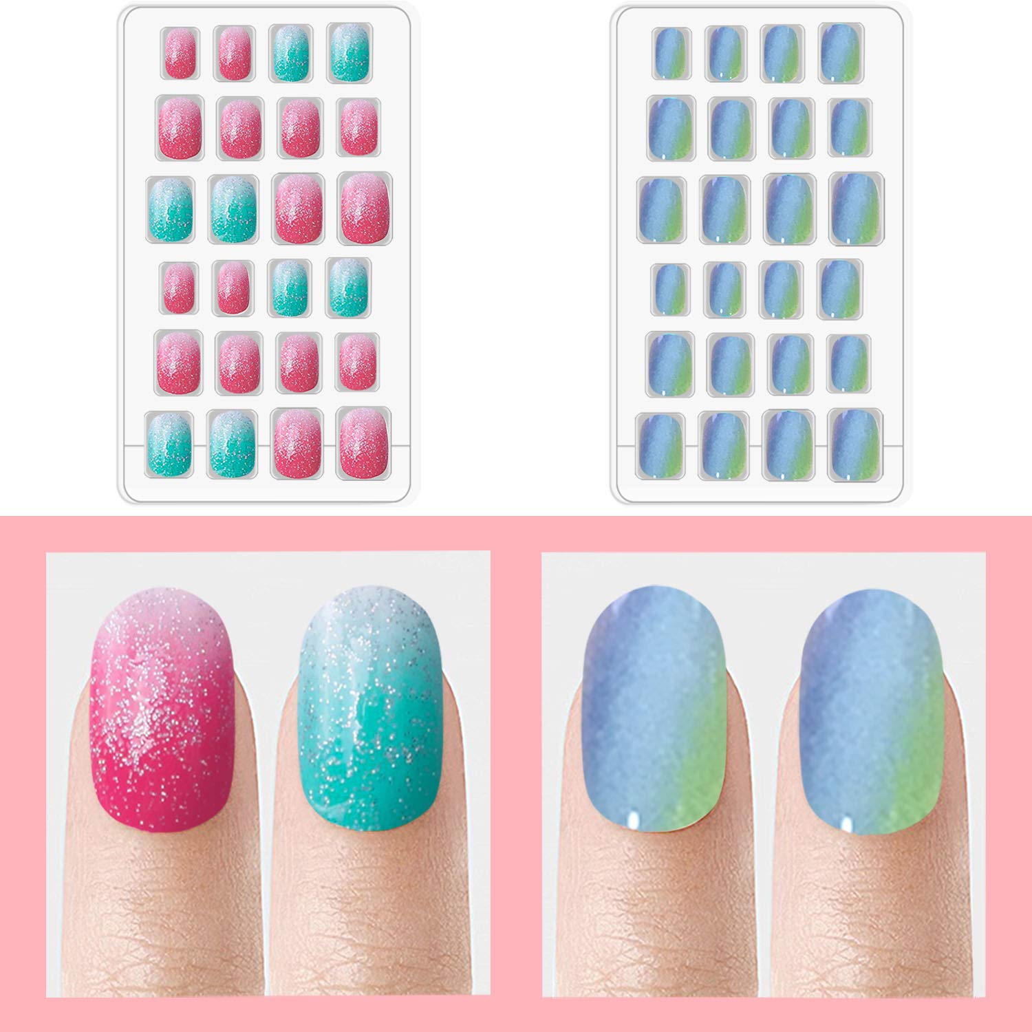 Laza 120pcs Children Nails Press On Pre-glue Full Cover Nail Tips Kit Glitter Gradient Color Rainbow Short Artificial False Nail