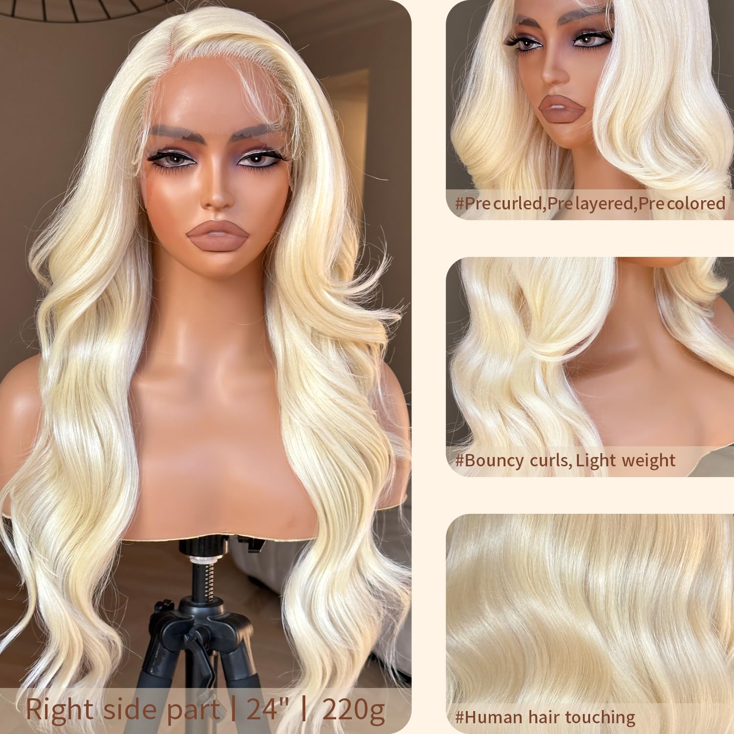 BrownBomb Blonde Lace Front Wig Real Hair Luster Pre Toned Blonde Wig, 613 Lace Front Wig Pre Plucked, Glueless 13X5X1 Synthetic