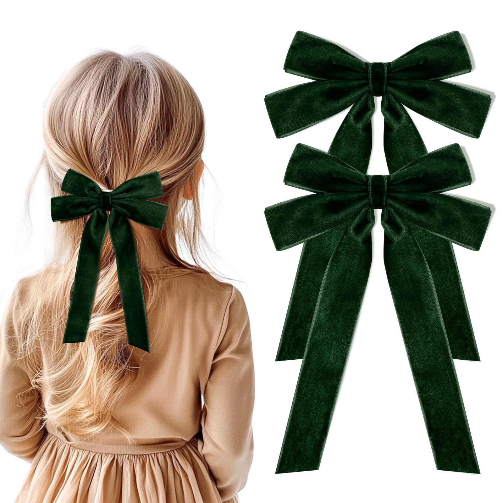2PCS Green Hair Bows Soft Velvet Bow Hair Clip with Long Tail Hair Accessories for Women Girls Toddlers Teen Girl Christmas Gift
