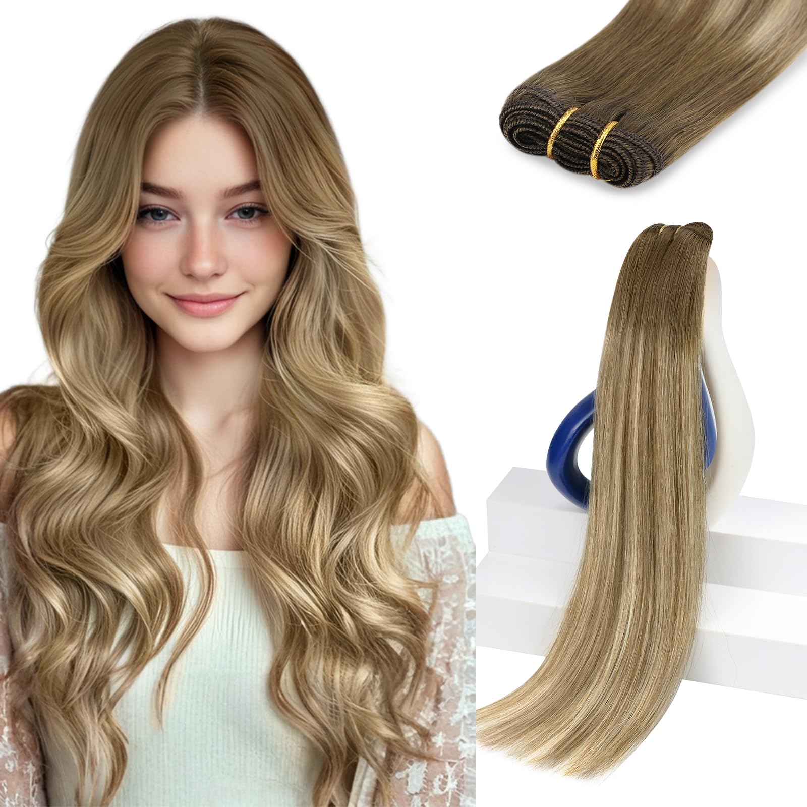 Sunny Hair Weft Hair Extensions Human Hair 120G Sew in Light Brown Ombre Medium Blonde Balayage Hand-Tied Bundles Natural Look F