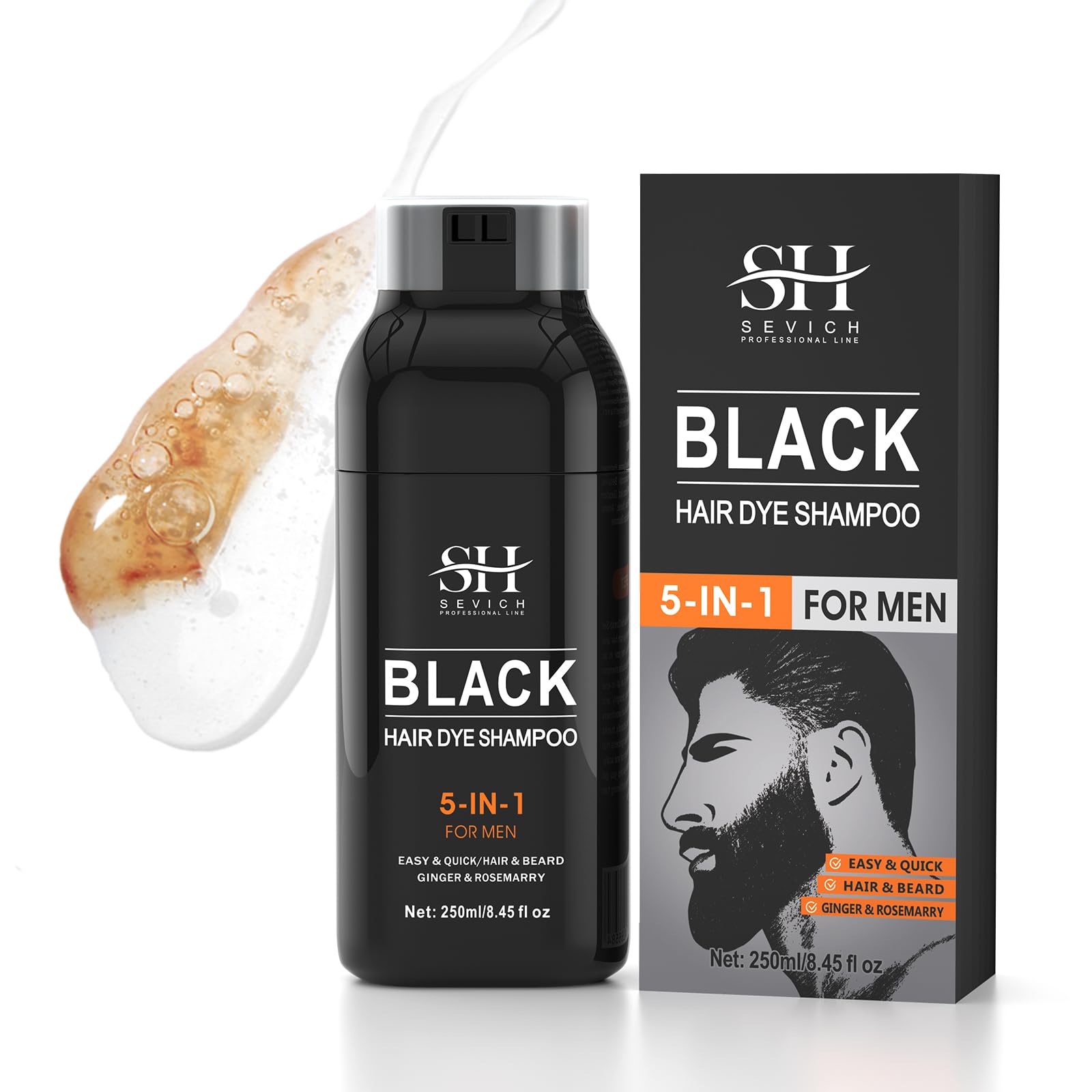SEVICH Black Hair & Beard Dye Shampoo,Semi Permanent Hair Color,Shampoo for Gray Hair and Beard Coverage for Men, 5 in 1 Dye Sha