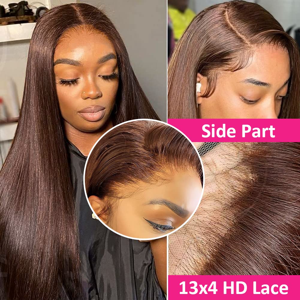 Hermosa 13X4 Chocolate Brown Lace Front Wigs Human Hair With Baby Hair 180 Density Straight Lace Frontal Human Hair Wigs Pre Plu