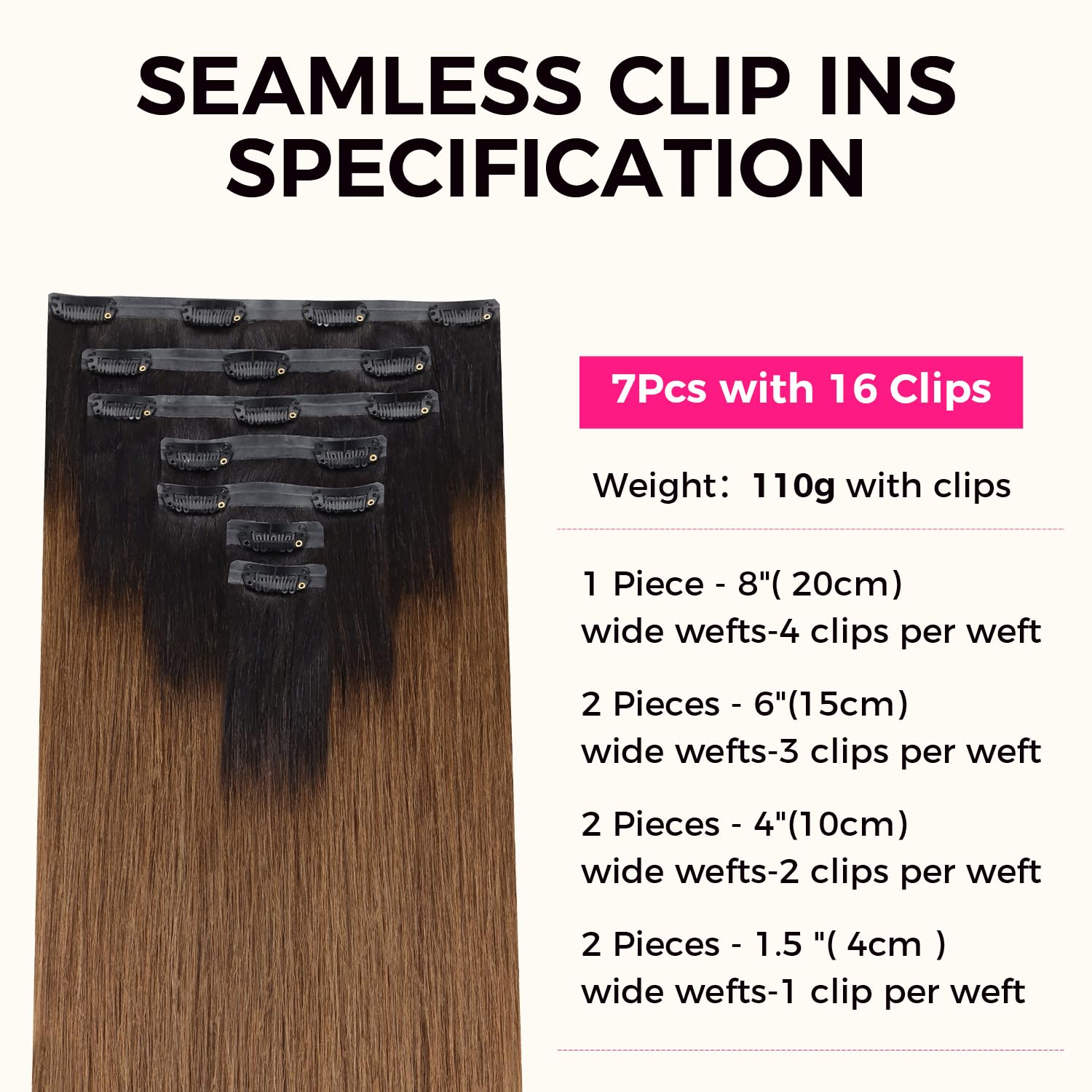 Lashey Clip In Hair Extensions 110G 7Pcs Yaki Straight Seamless Clip In Hair Extensions Human Hair For Women 18 Inch Ombre Natur