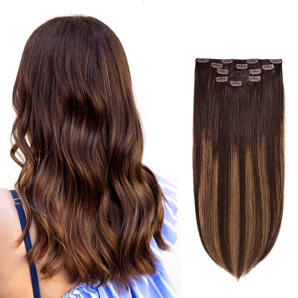 5 Pieces 12'' Remy Clip in Hair Extensions Human Hair Dark Brown to Light Brown Highlight Brown Ombre - Silky Straight Short Thi