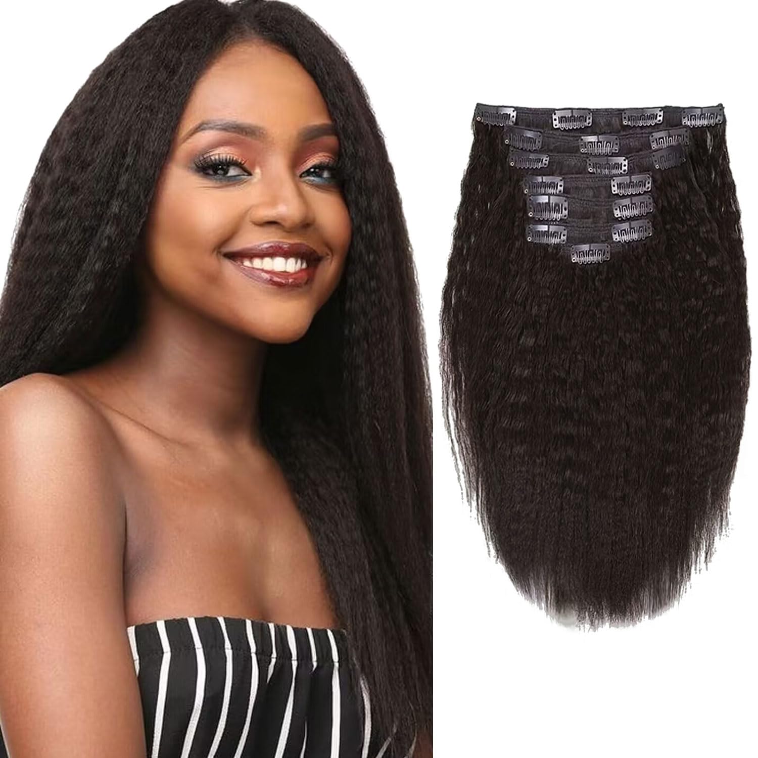 Loxxy Clip in Hair Extensions Real Human Hair Kinky Coarse Thick Straight Remi Hair Full Head Clip Ins For Afro Black Women Natu