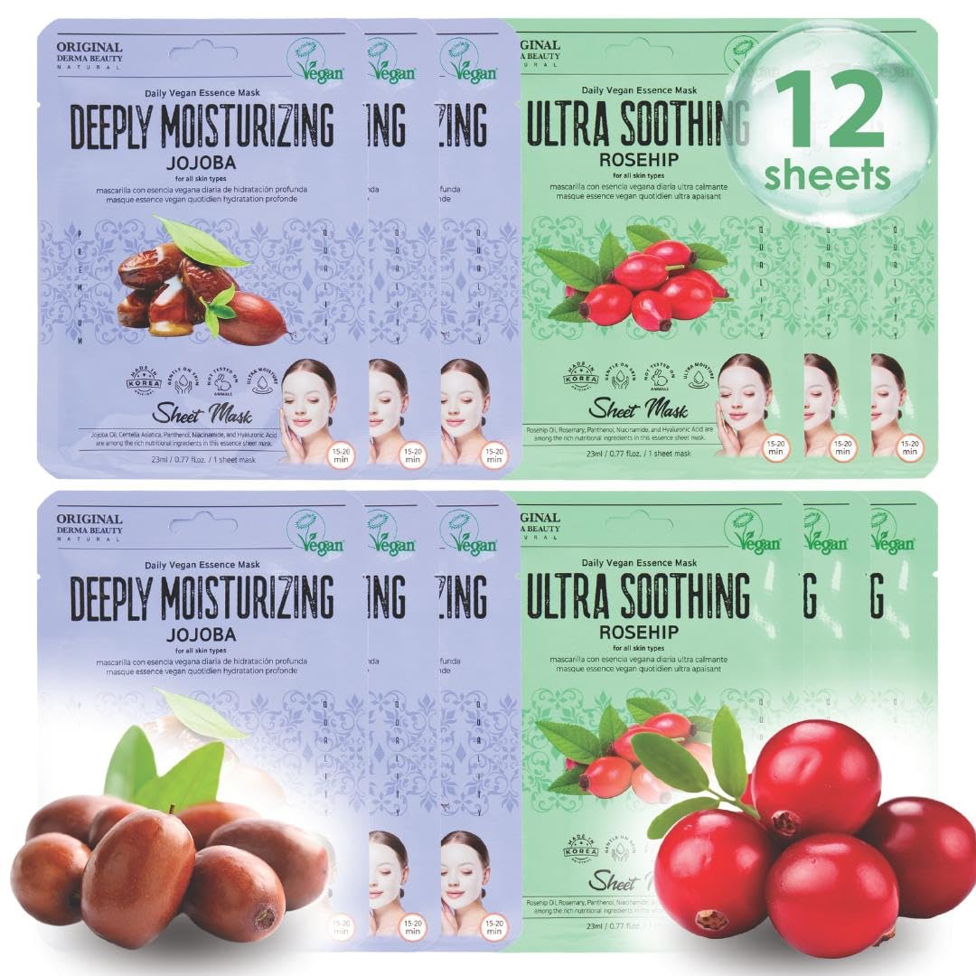 Innerest Original Derma Beauty Collagen Face Mask Set (12PK)  Vegan Korean Sheet Masks with Jojoba Oil & Rosehip, 6 Jojoba + 6 