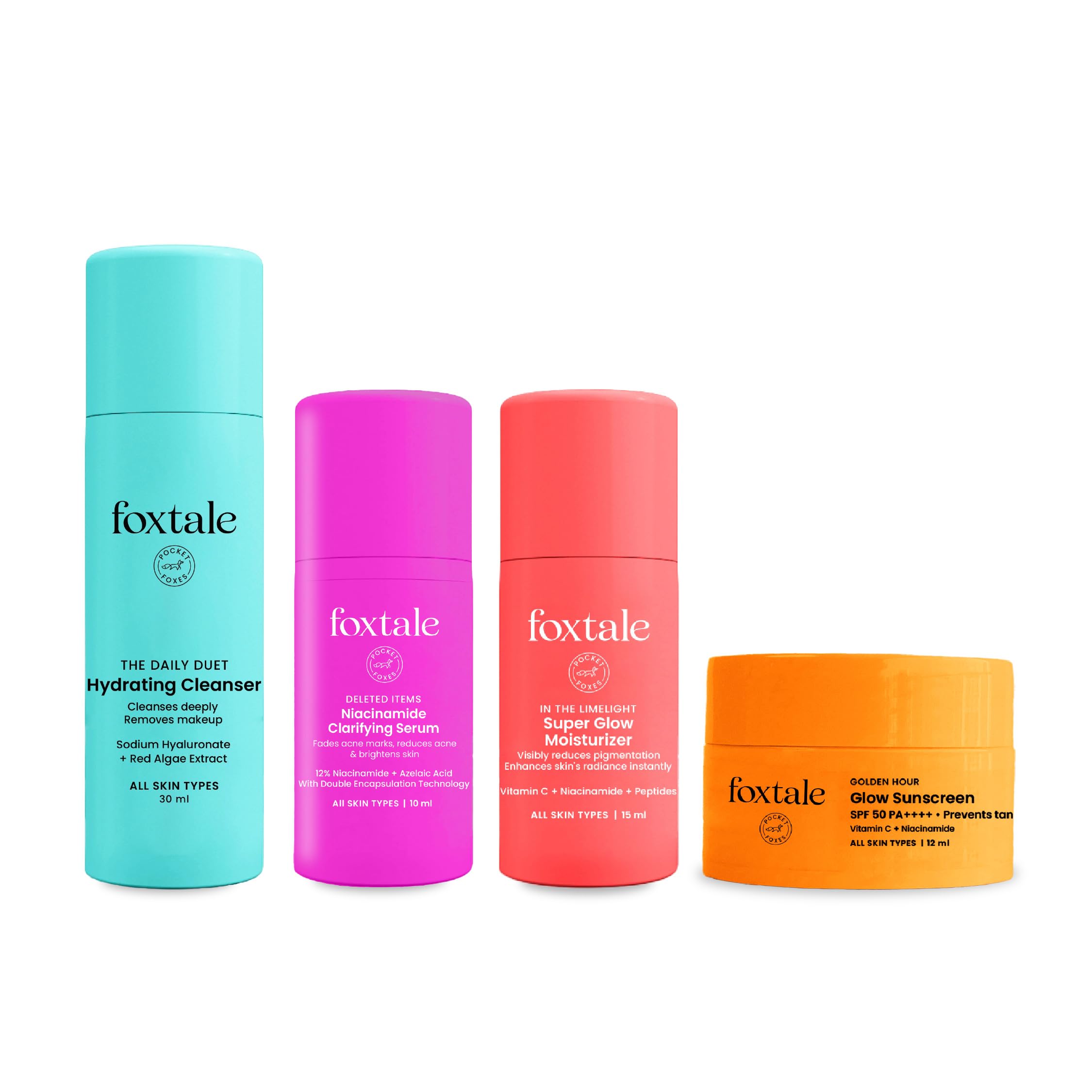 Foxtale Glow On Heartbeat Skincare Gift Set | Hydrating Cleanser, 12% Niacinamide Serum, Super Glow Moisturizer & Spf 50 Glow Su