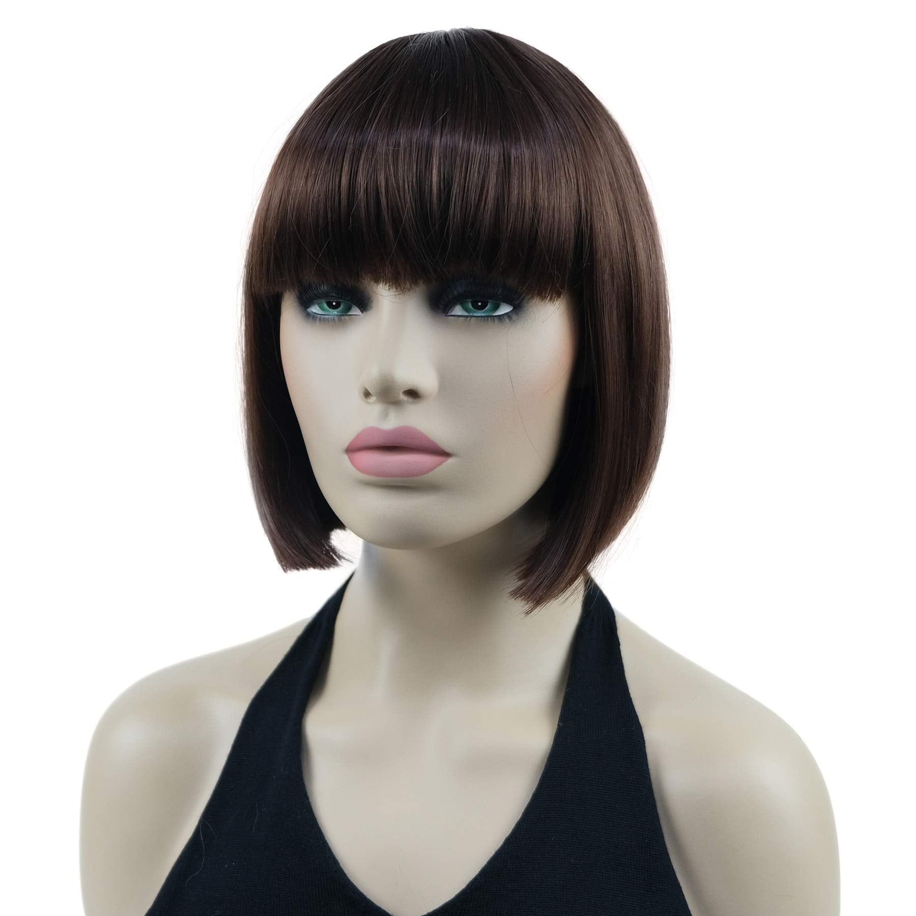 Lydell 8'' Straight Short Bob Hair Flat Bangs Cute Central Dot Skin Top Heat Resistant Synthetic Wigs (31 Medium Auburn)