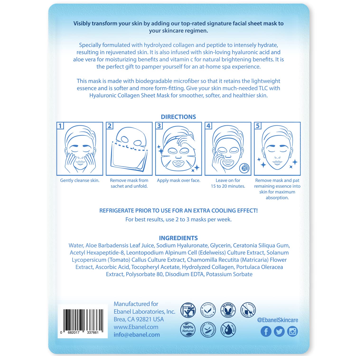 Ebanel Collagen Peptide Face Masks, 10 Pack Hydrating Anti-Aging Masks with Hyaluronic Acid & Vitamin C, Stem Cell Mask