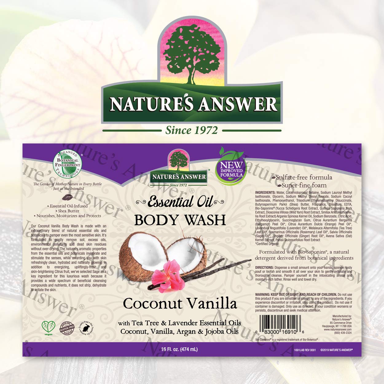 Natures Answer Coconut Vanilla Body Wash With Pump, Pure Essential Oil, All Natural Vegan Paraben Gluten Free Non Gmo (16 Fl Oz)