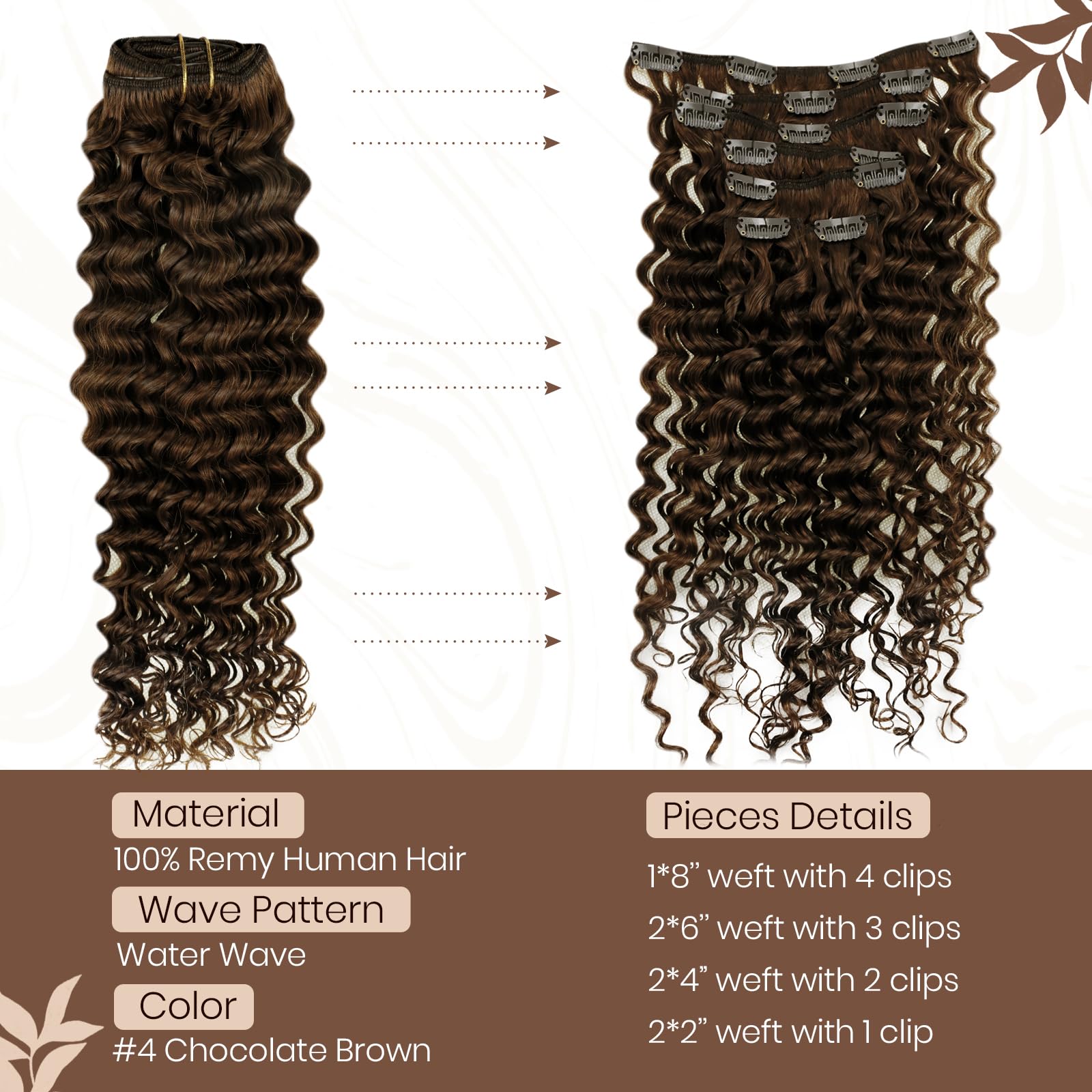 Hetto Brown Curly Hair Extensions Clip In Human Hair #4 Natural Brown Clip In Hair Extensions Wavy Hair Clip In Extensions Human