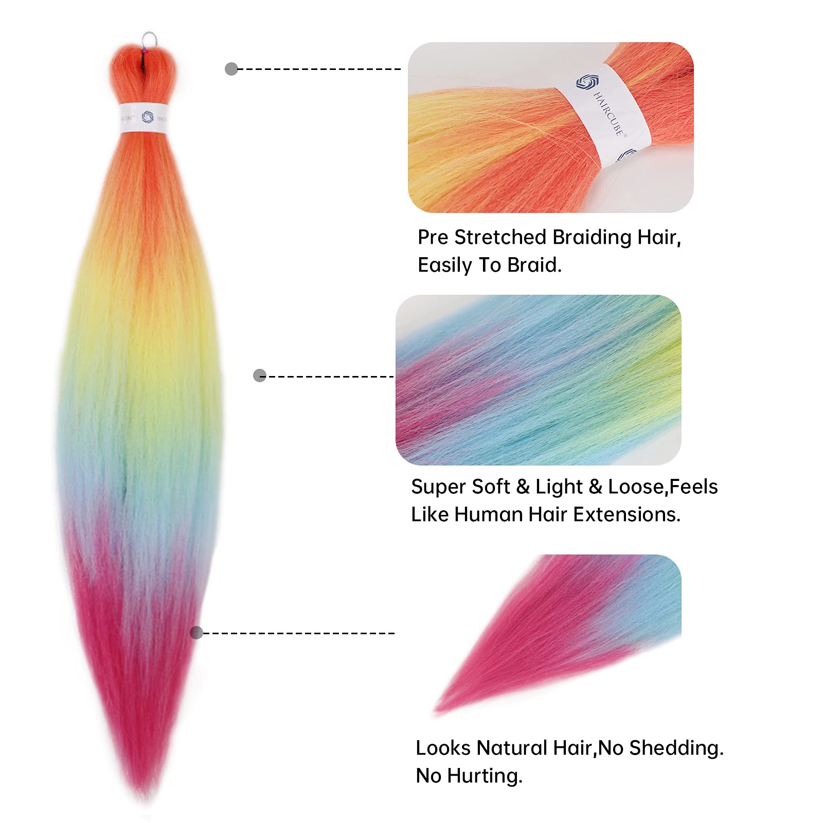 Pre-Stretched Braiding Hair Ombre Rainbow Braiding Hair Extensions 26 Inch 6 Packs Hot Water Setting Professional Soft Yaki Synt