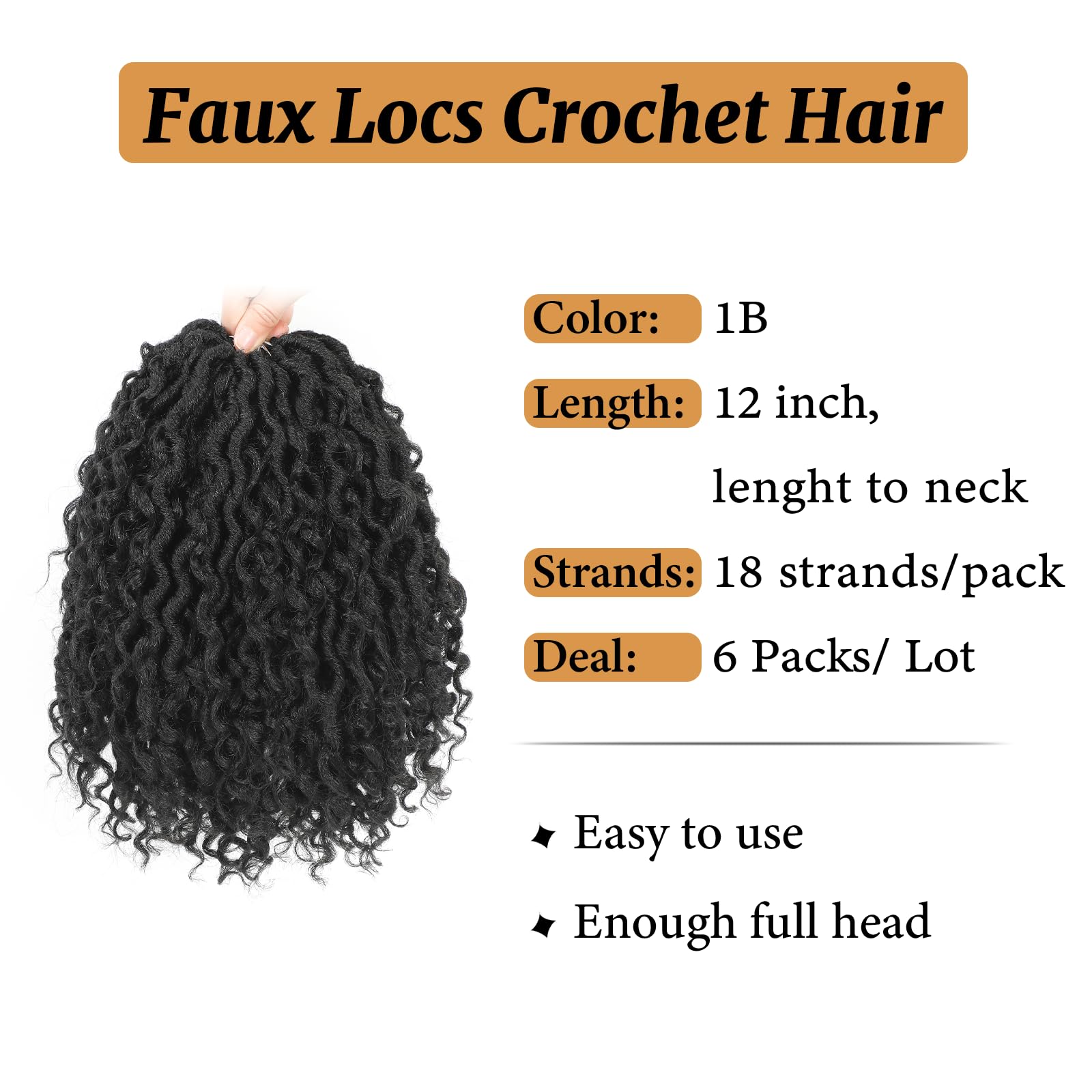 Forevery Goddess Locs Crochet Hair 12 Inch, Faux Locs for Black Women, 6 Packs, Curly Ends, Synthetic, Color 1B