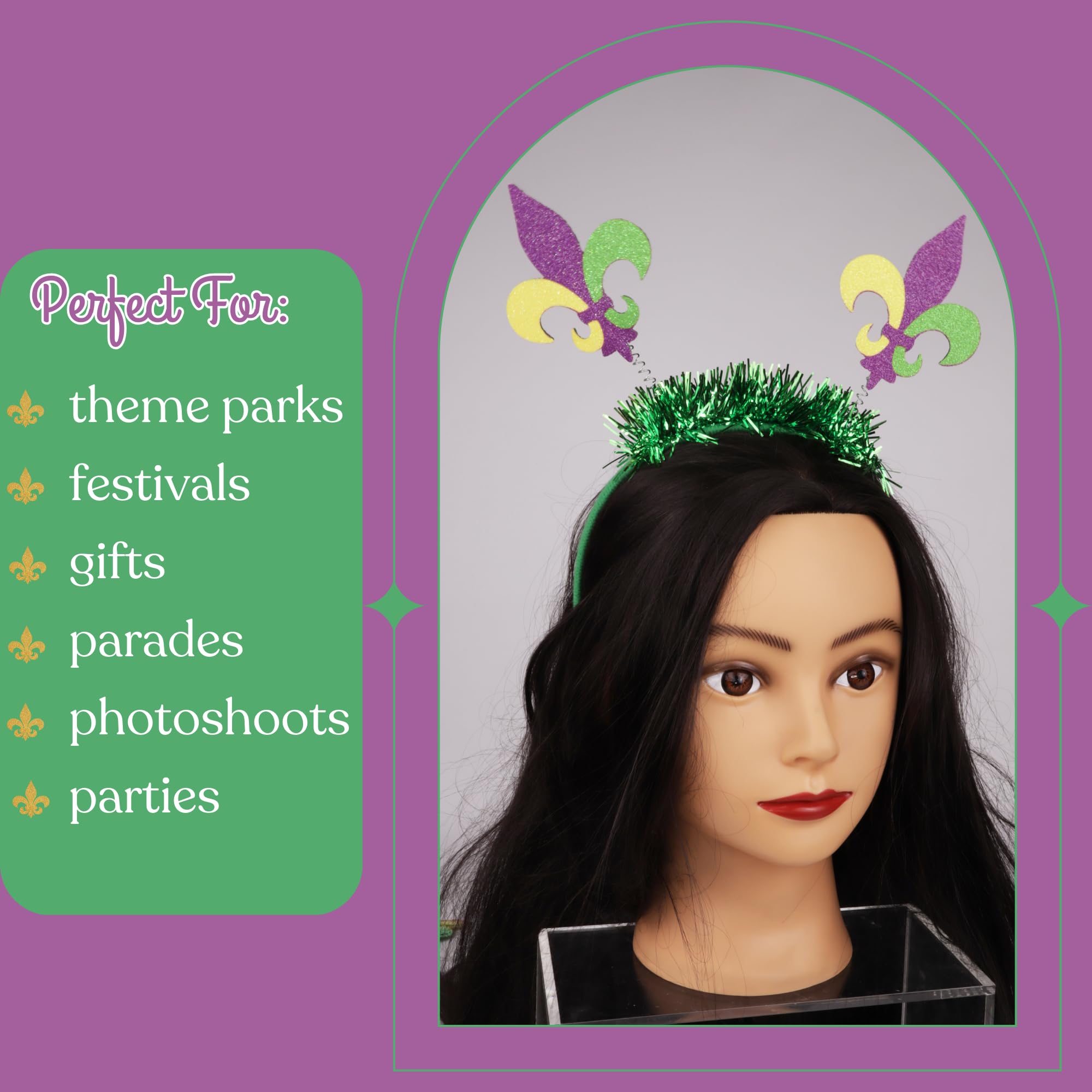 Needzo Mardi Gras Headband, Fleur De Lis Glittery Bopper Hair Band, Festive Party Parade Accessory, One Size Fits Most