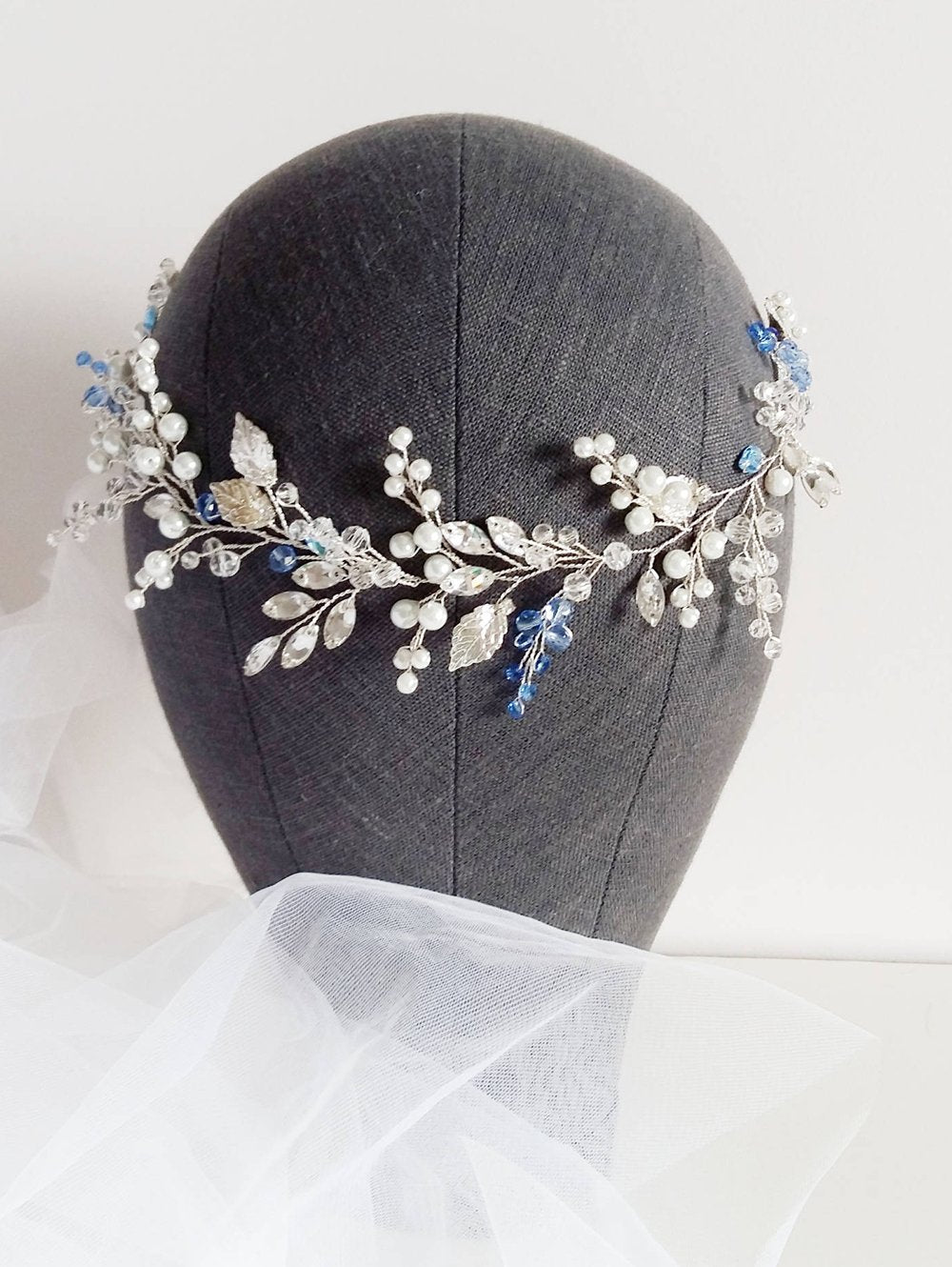 FXmimior Bridal Wedding Headband Woodland Flower Crown Hair Accessories Silver Blue