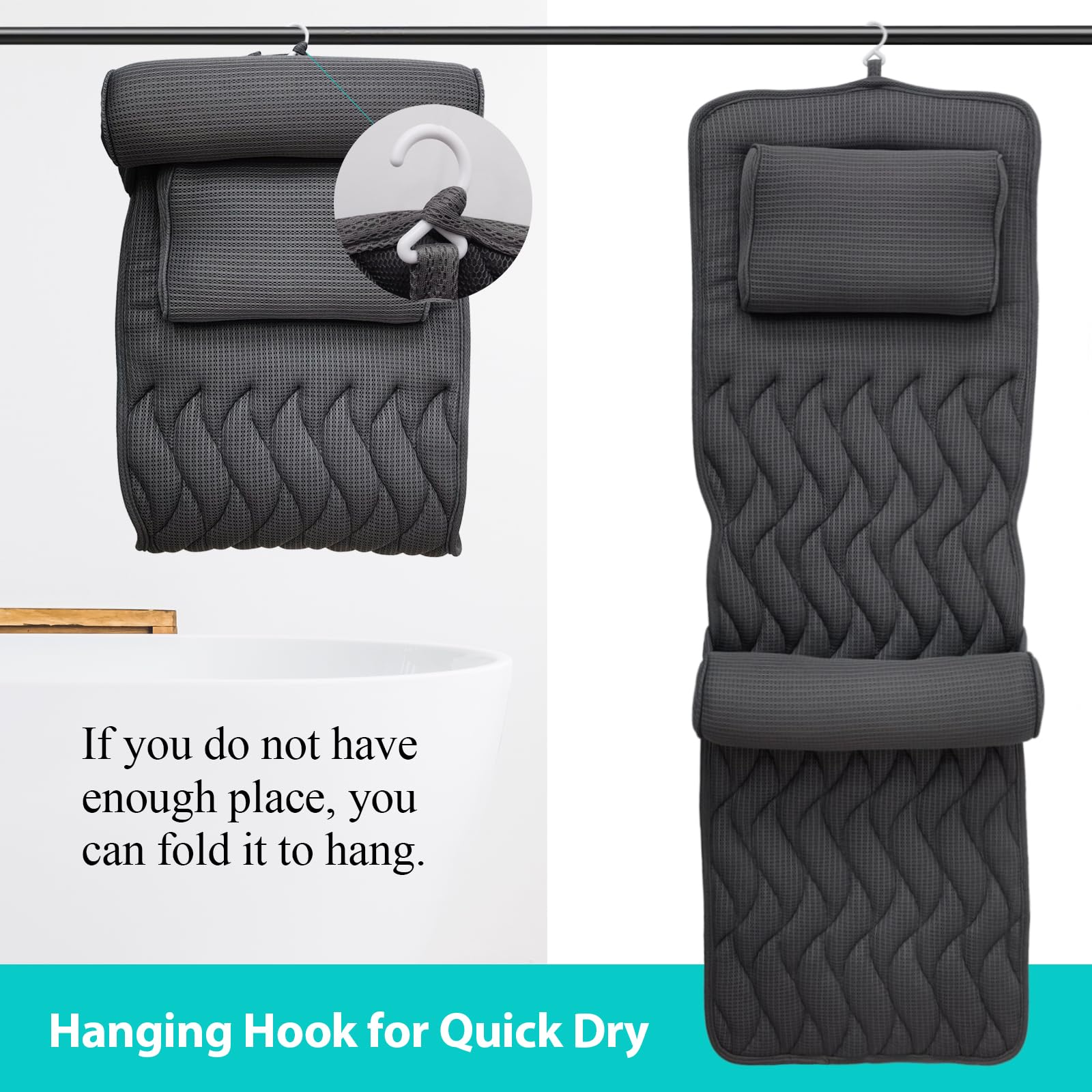 Full Body Bath Pillow With Adjustable Lumbar Roll Pillow Bathtub Cushion With 14 Suction Cups 3D Air Mesh Fit Any Tub Gray Bathr