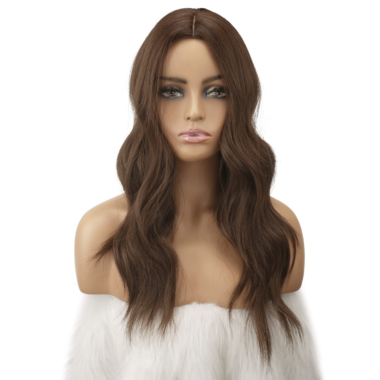 Feshfen Long Brown Wigs For Women 22 Inch Brown Long Wavy Full Wig Middle Parting Wigs Natural Looking Synthetic Wig For Daily P