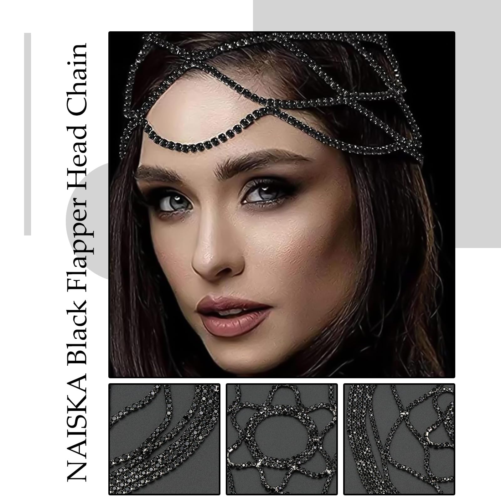 Naiska Black Crystal Rhinestone Headpieces Caps For Women Wedding Bride Crystal Head Chain 1920S Flapper Hair Headband Jewelry G