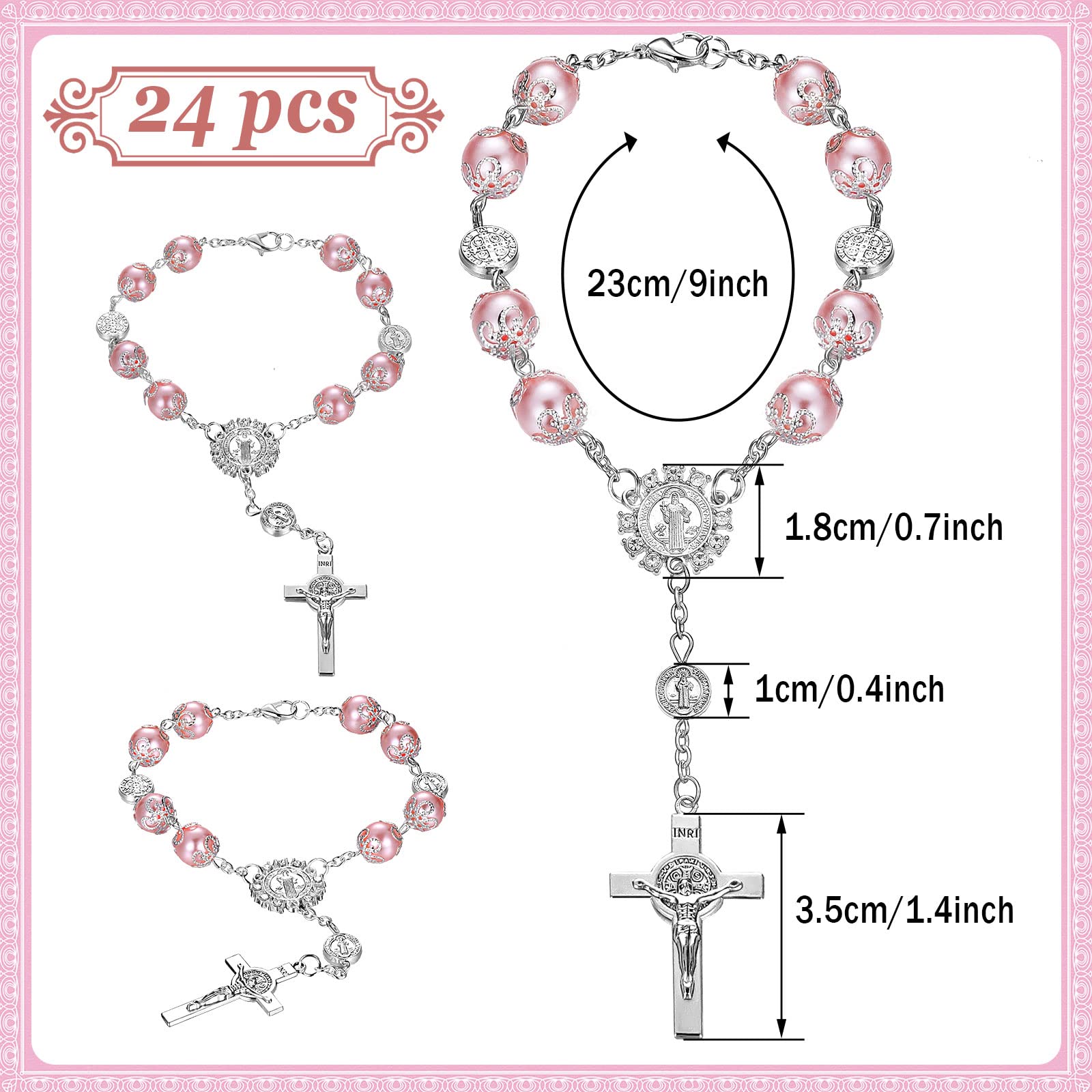 Tudomro 24 Pieces Baptism Rosary Pink Glass Rosary Beads Finger Baptism Rosaries Faux Pearls for Baptism Favors Christening Favo