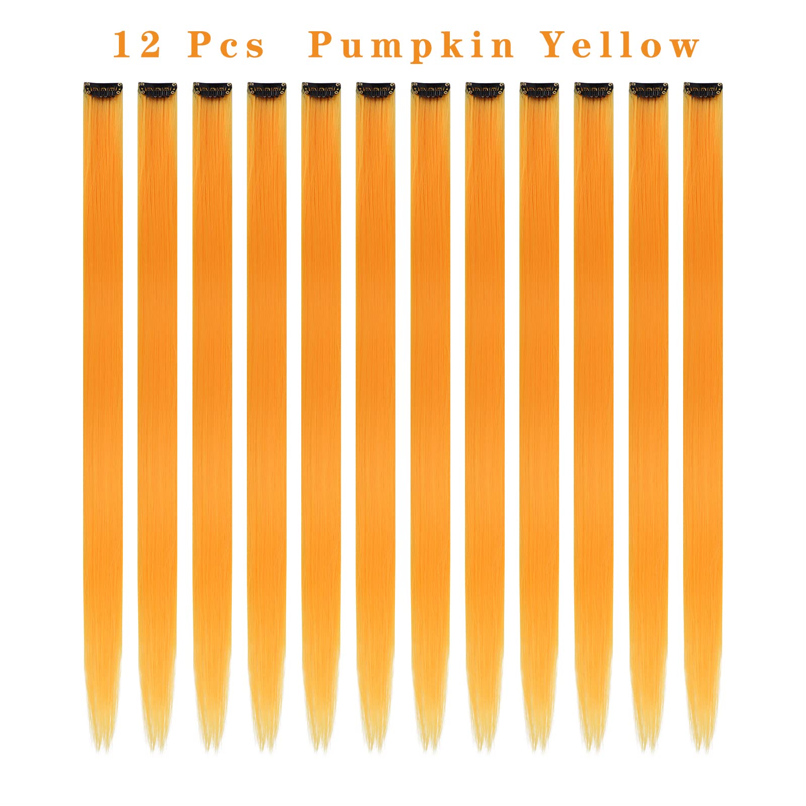 12Pcs Colored Pumpkin Yellow Hair Extensions Party Highlights Colorful Clip In Hair Extensions 22 Inch Straight Synthetic Hairpi