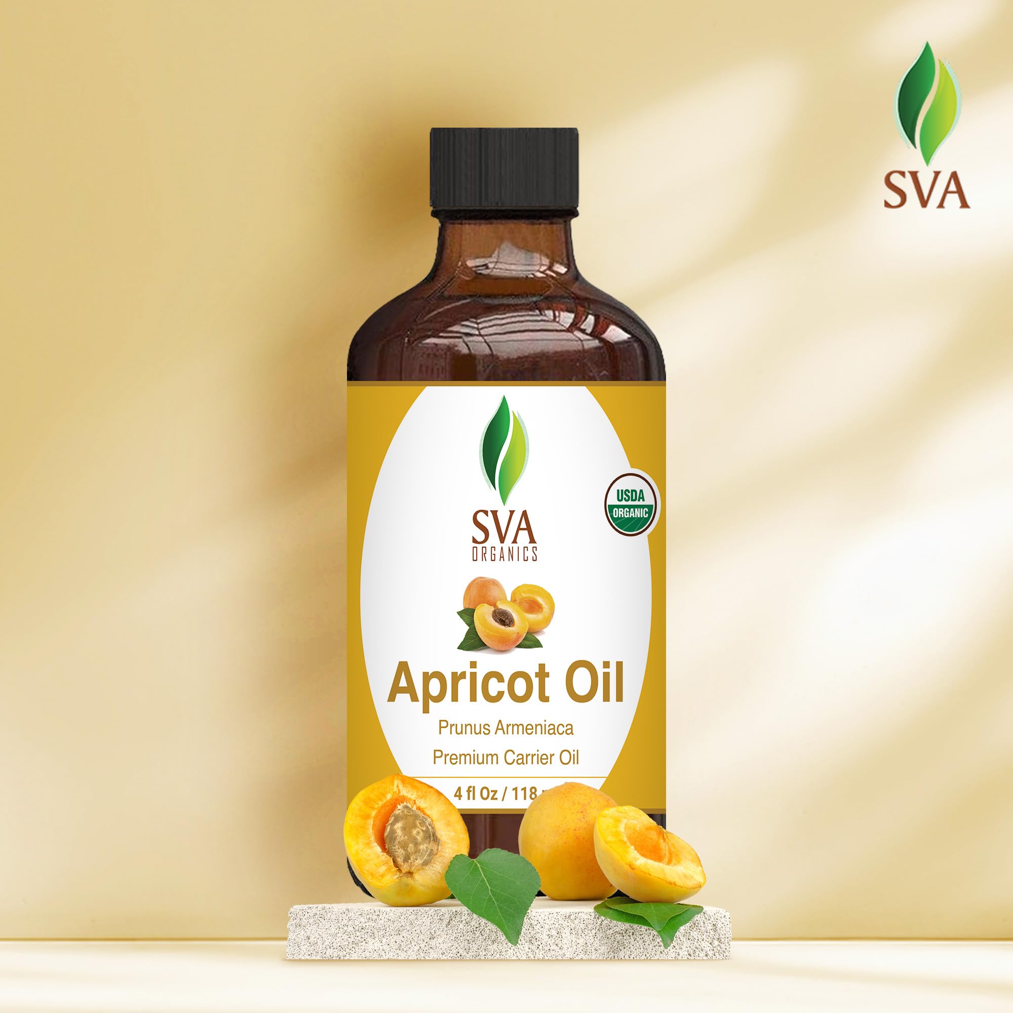 Sva Apricot Seed Oil Organic - 4 Fl Oz - 100% Natural Cold Pressed Organic Apricot Oil - For Face, Skin Care, Hair Care, Scalp M