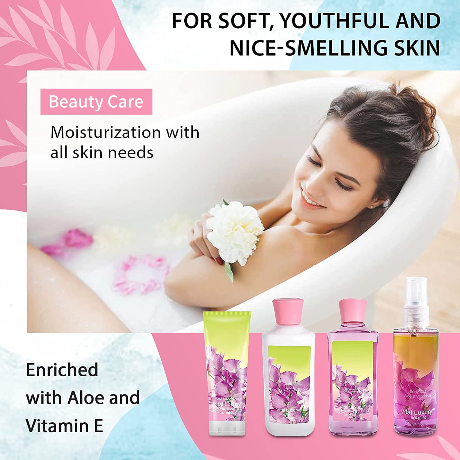 Vital Luxury Sweet Pea Bath & Body Kit, 3 Fl Oz, Ideal Skincare Gift Home Spa Set, Includes Body Lotion, Shower Gel, Body Cream,