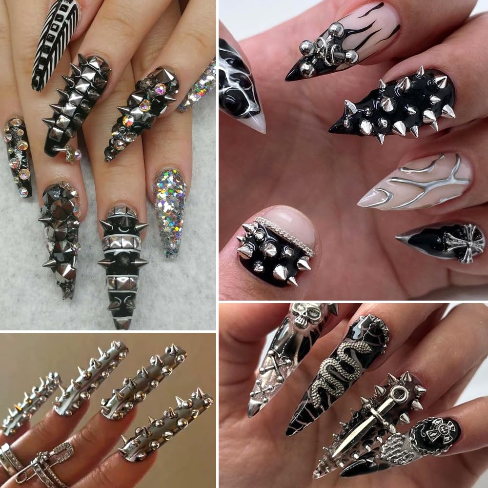 3D Mini Metal Punk Nail Art Studs Mixed Sizes Gold Black Cone Spikes Alloy Nail Rivets Jewelry For Women Goth Nail Art Charms Na