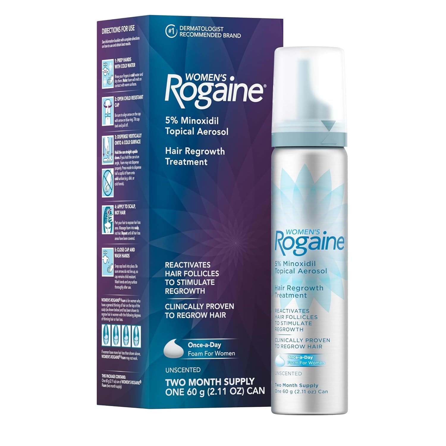 Rogaine 5% Minoxidil Foam for Women, Hair Loss Treatment, Unscented, 2.11 oz, Regrow Fuller Thicker Hair, 2-Month Supply