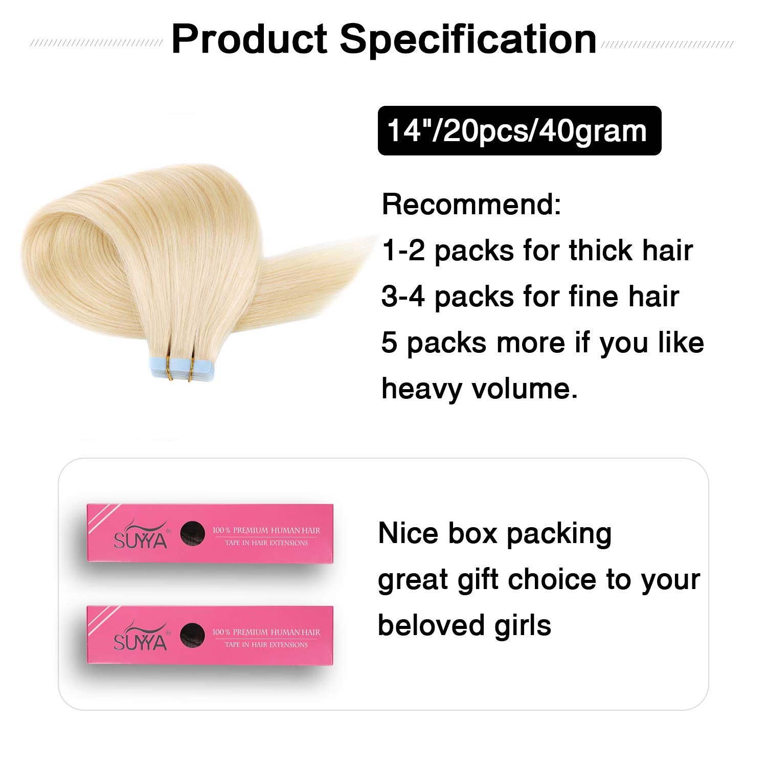 Suyya Tape In Hair Extensions Human Hair Bleach Blonde 14 Inches 40G/Pack 20Pcs Straight Seamless Skin Weft Tape In Hair Extensi