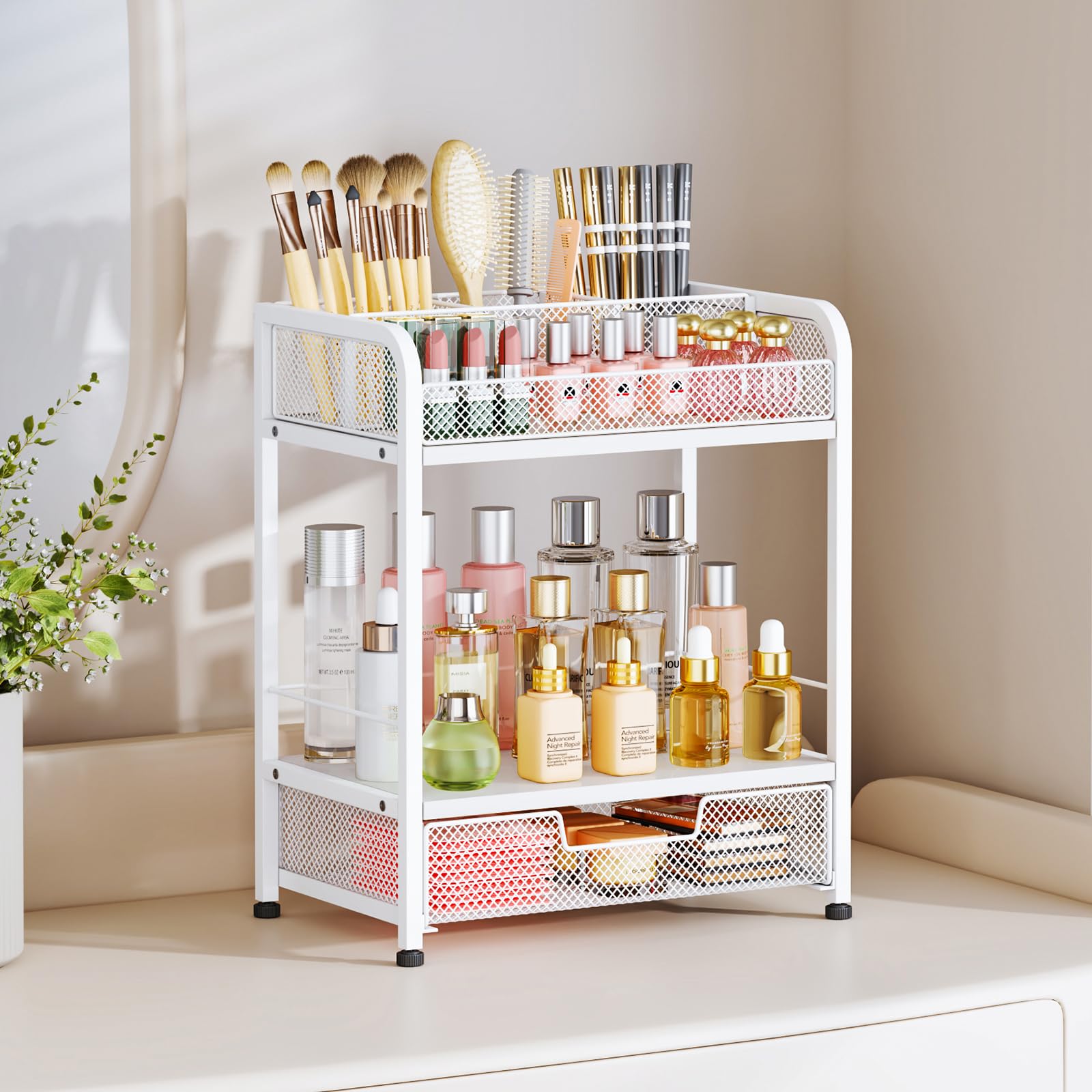 HapiRm Makeup Organizer Countertop with Drawer - Large Capacity Vanity Organizer with Dividers, Bathroom and Bedroom Desk Cosmet